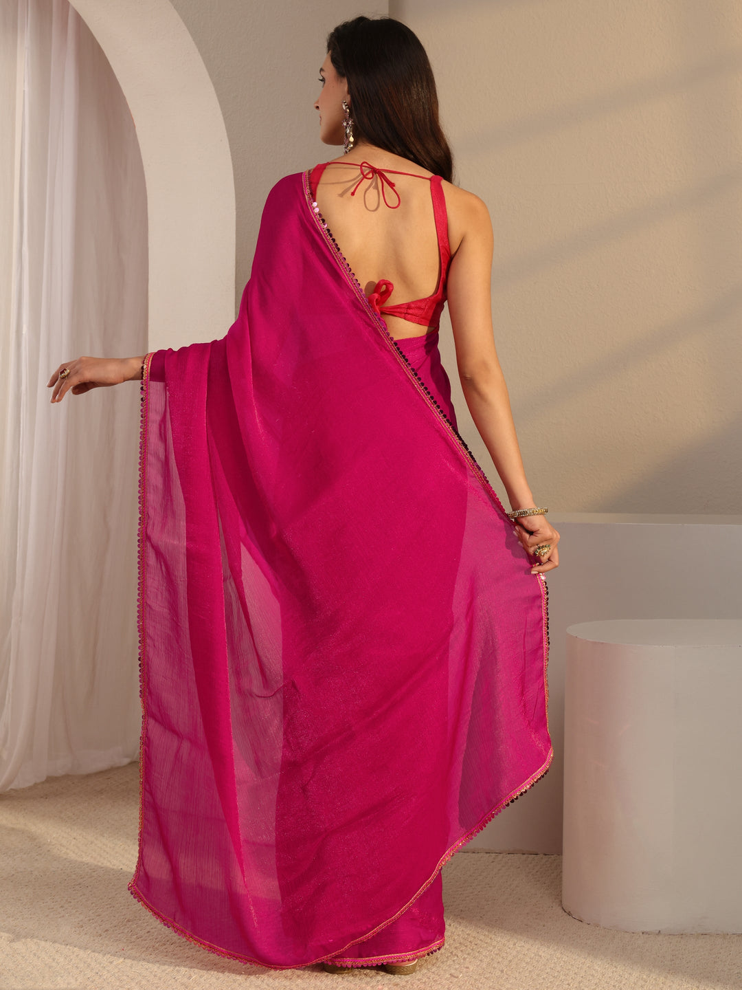  Pink Solid Chiffon Saree With Unstitched Blouse Piece 