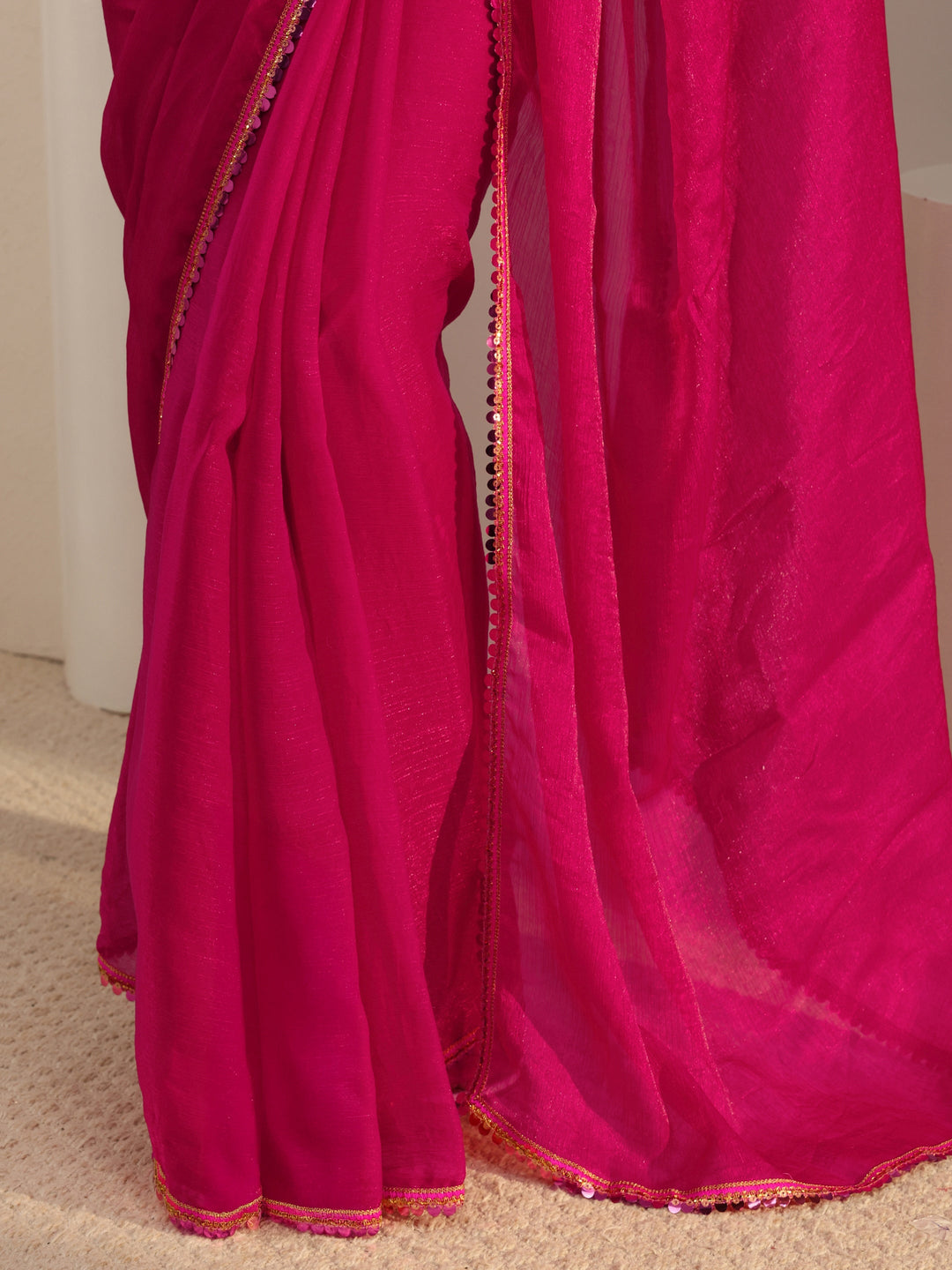  Pink Solid Chiffon Saree With Unstitched Blouse Piece 