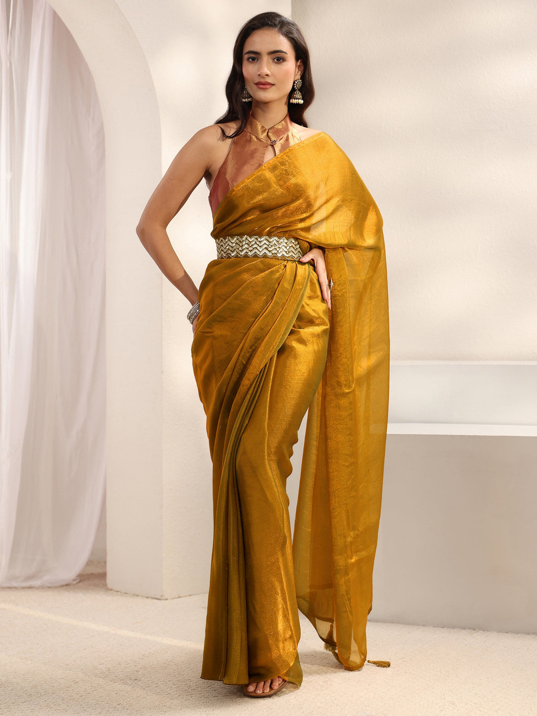  Gold Solid Chiffon Saree With Unstitched Blouse Piece And Waistbelt 