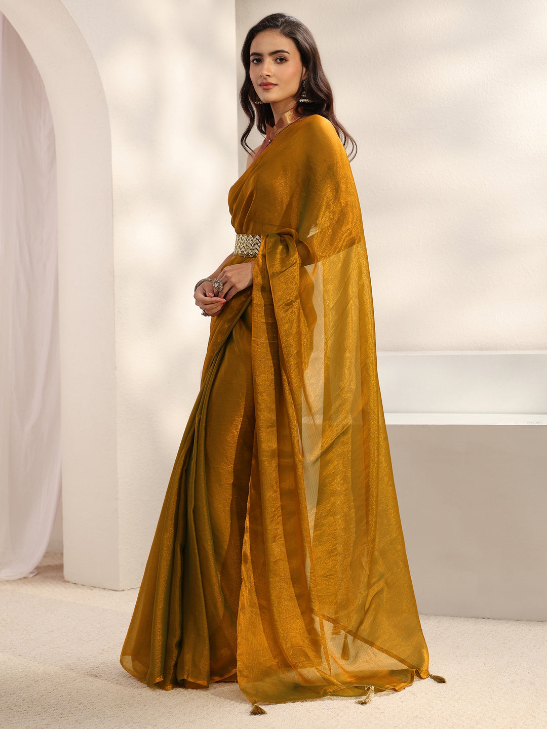  Gold Solid Chiffon Saree With Unstitched Blouse Piece And Waistbelt 
