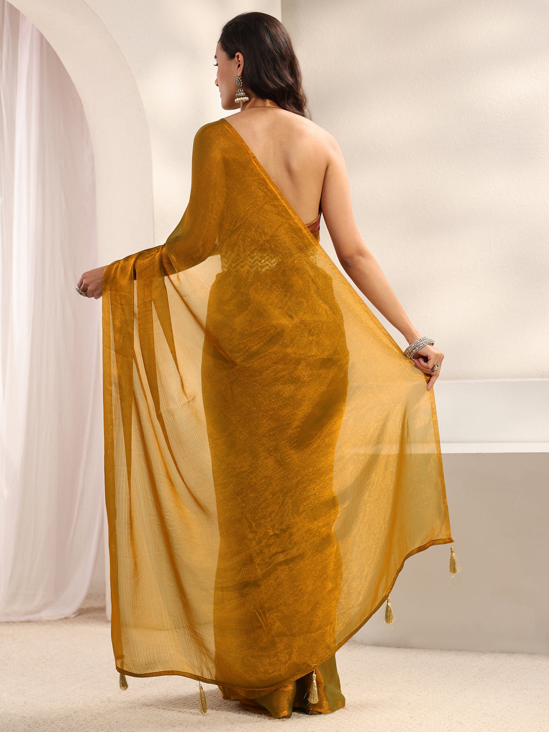  Gold Solid Chiffon Saree With Unstitched Blouse Piece And Waistbelt 