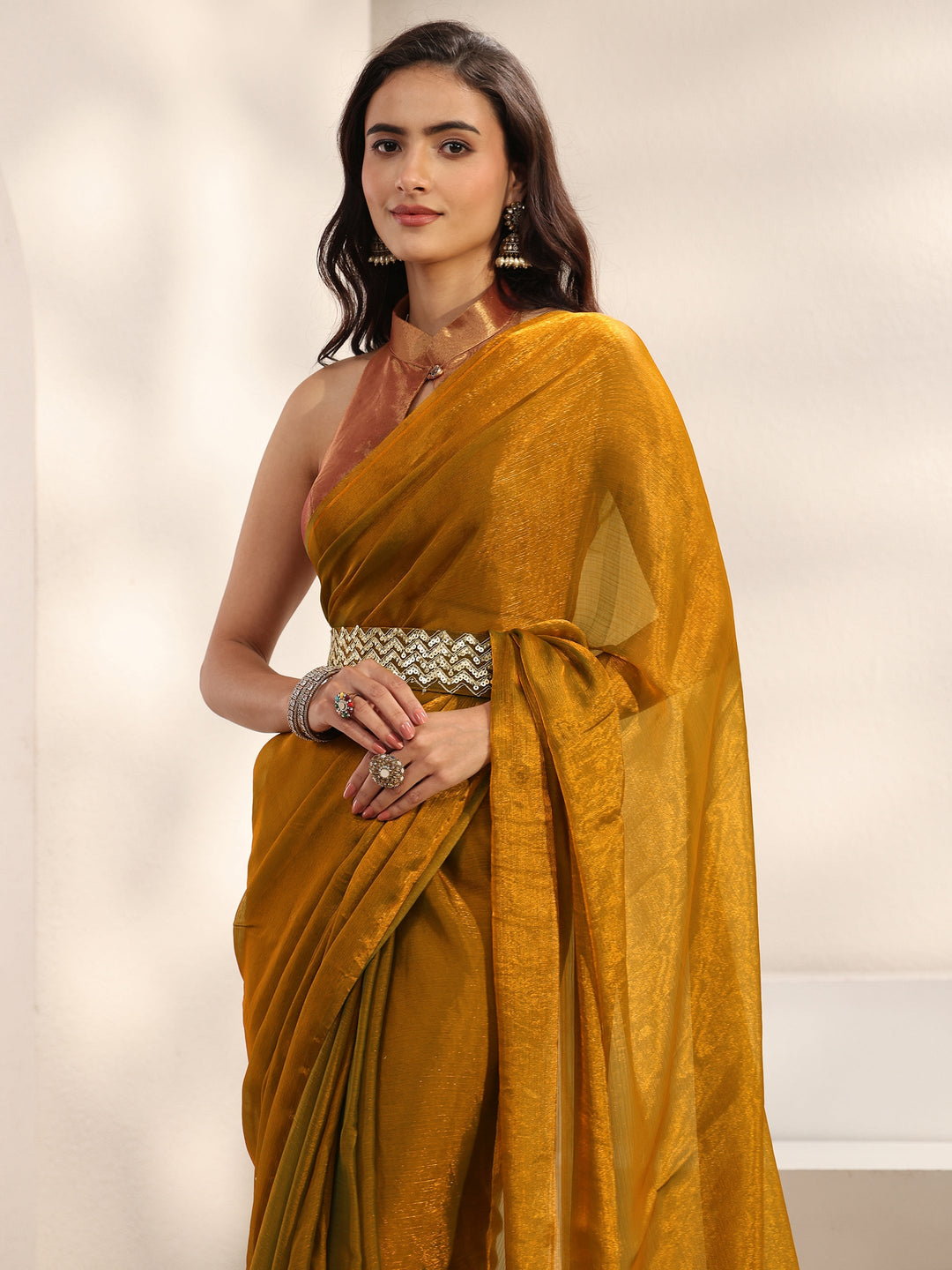  Gold Solid Chiffon Saree With Unstitched Blouse Piece And Waistbelt 