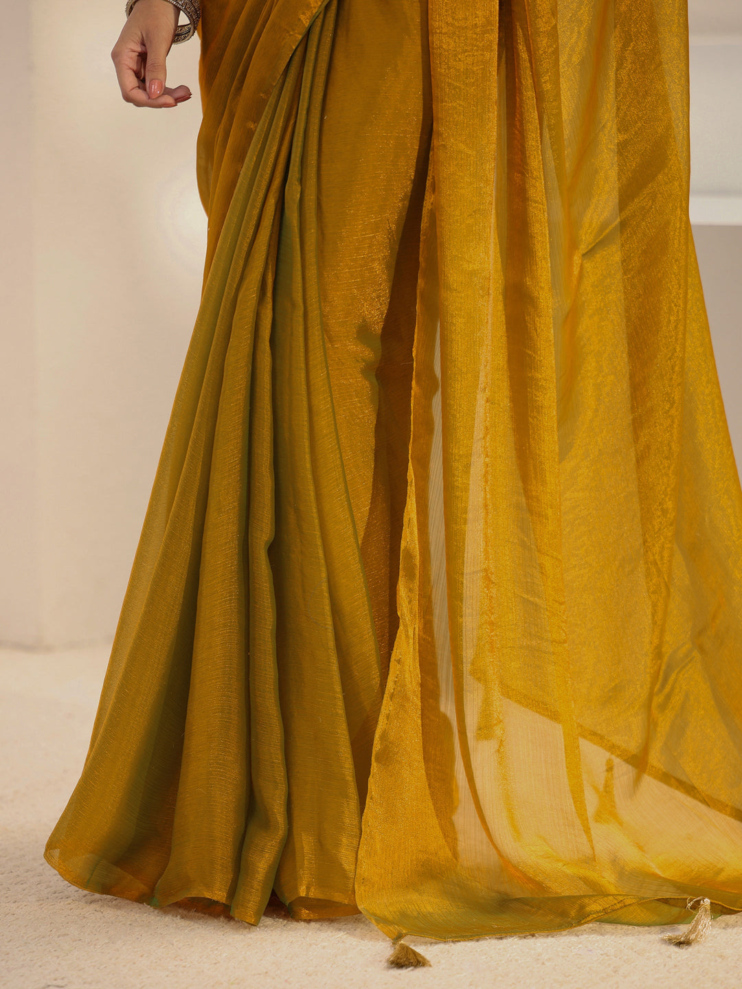  Gold Solid Chiffon Saree With Unstitched Blouse Piece And Waistbelt 