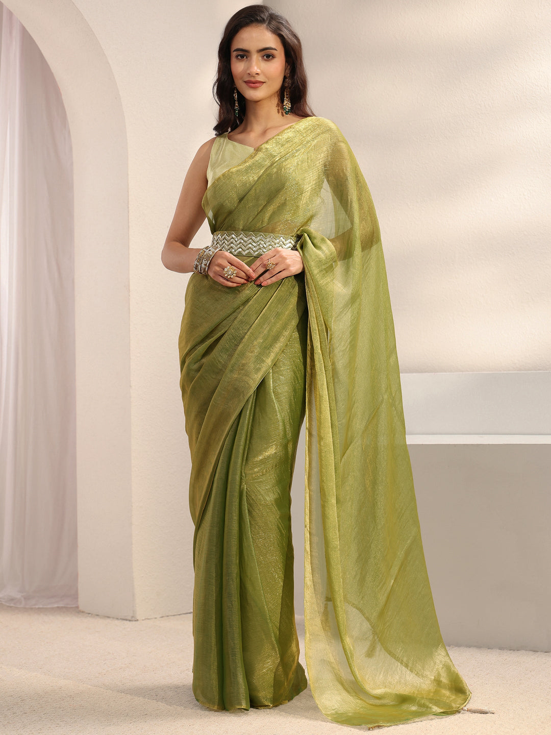  Green Solid Chiffon Saree With Unstitched Blouse Piece And Waistbelt 