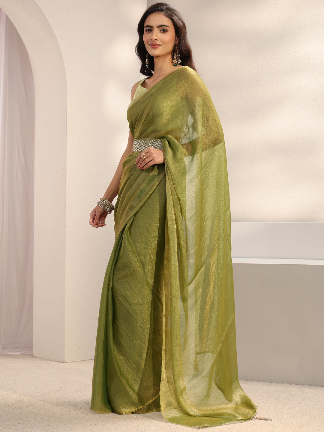  Green Solid Chiffon Saree With Unstitched Blouse Piece And Waistbelt 