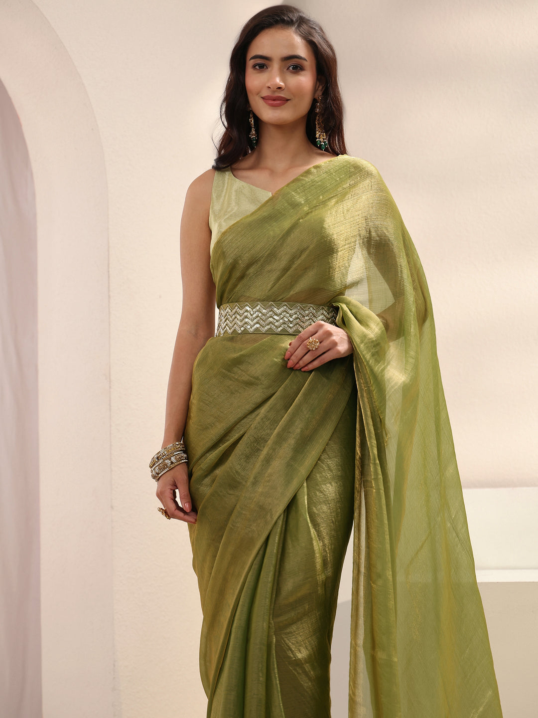  Green Solid Chiffon Saree With Unstitched Blouse Piece And Waistbelt 