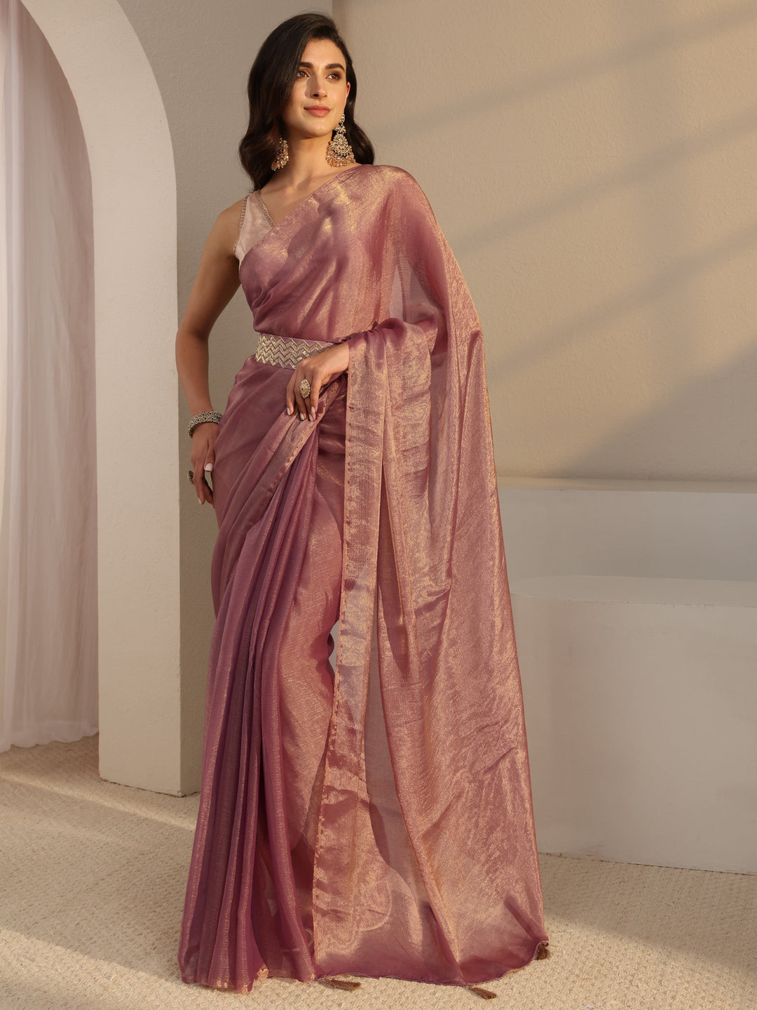  Pink Solid Chiffon Saree With Unstitched Blouse Piece And Waistbelt 