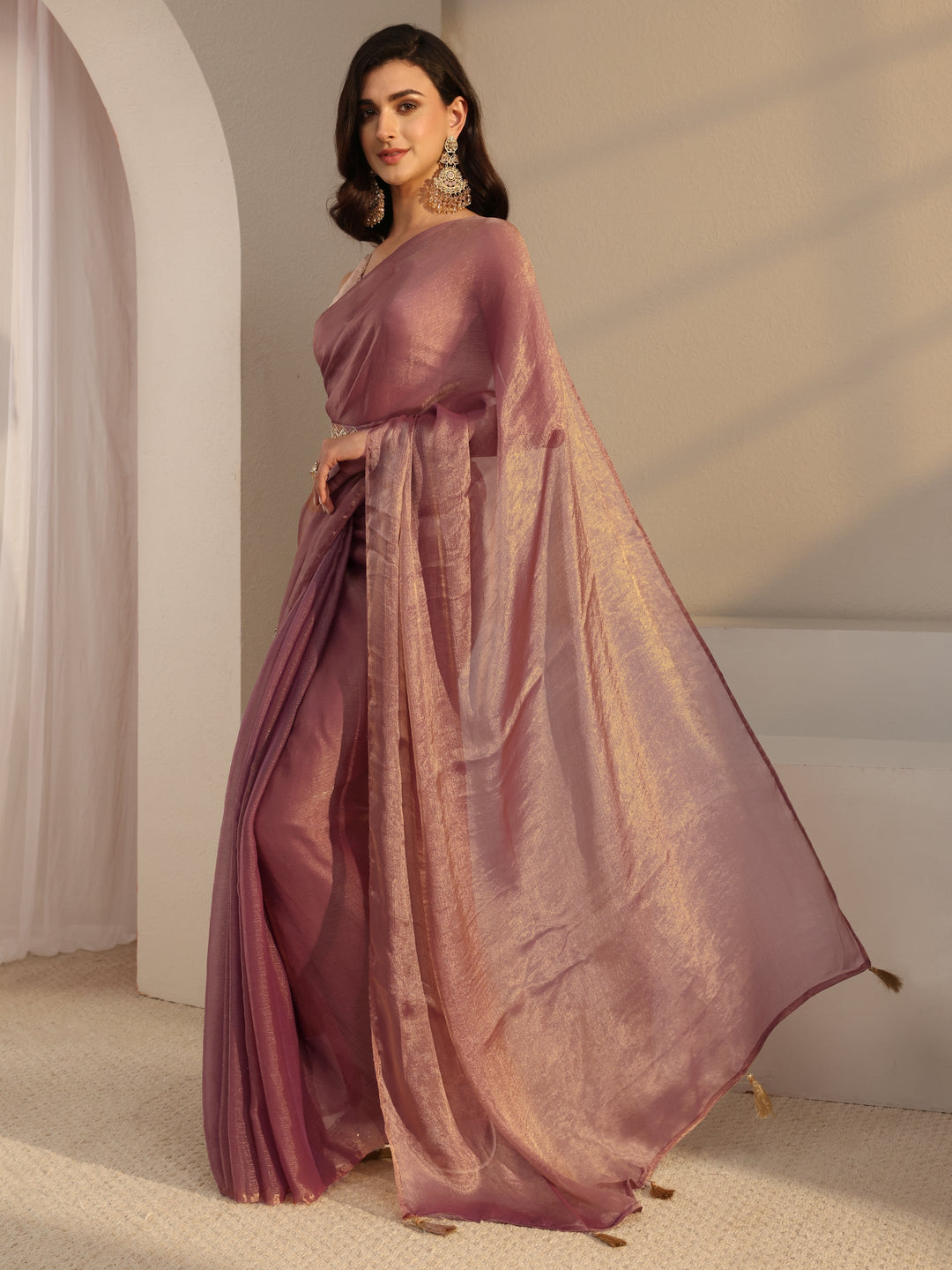  Pink Solid Chiffon Saree With Unstitched Blouse Piece And Waistbelt 