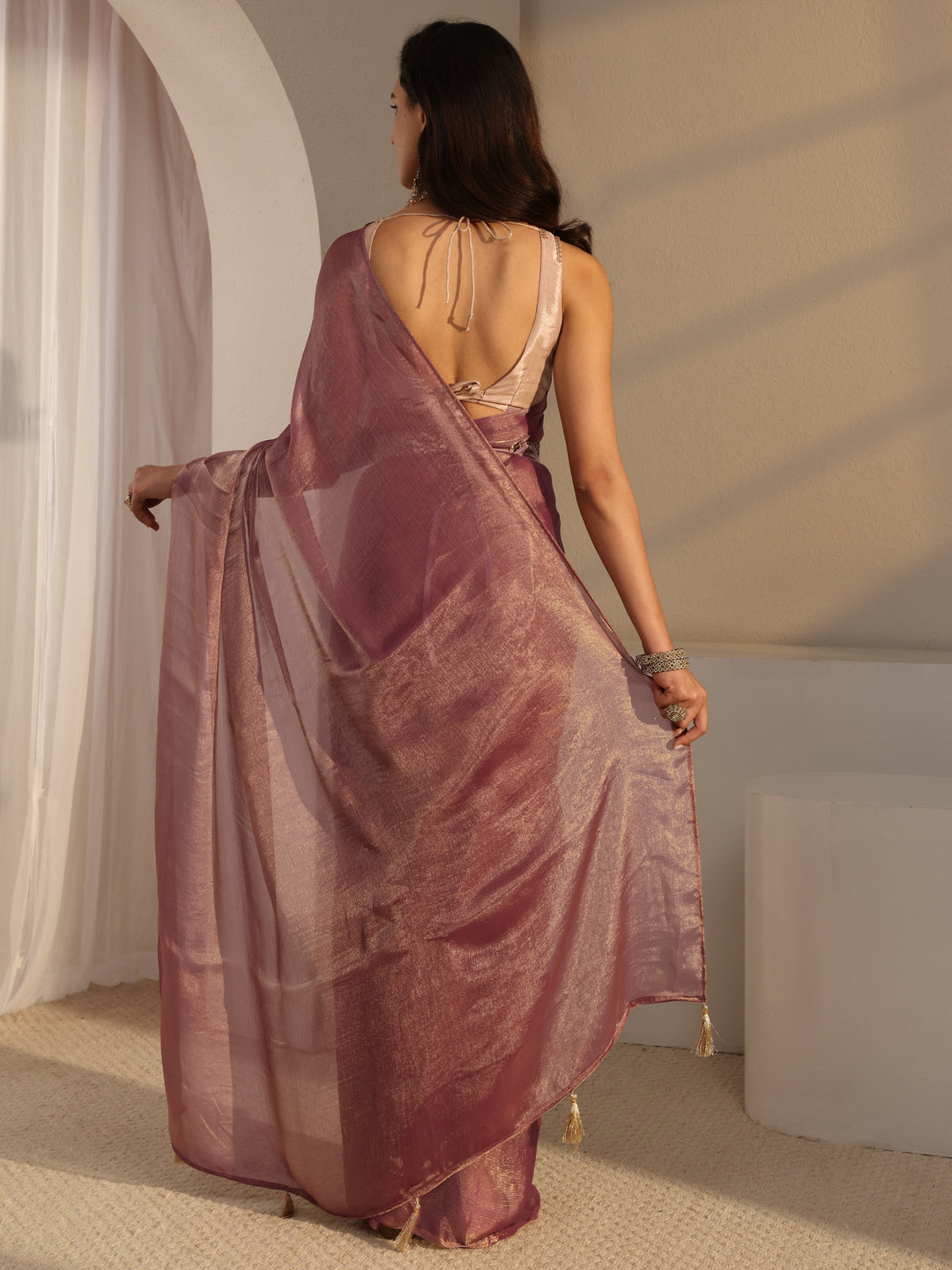  Pink Solid Chiffon Saree With Unstitched Blouse Piece And Waistbelt 