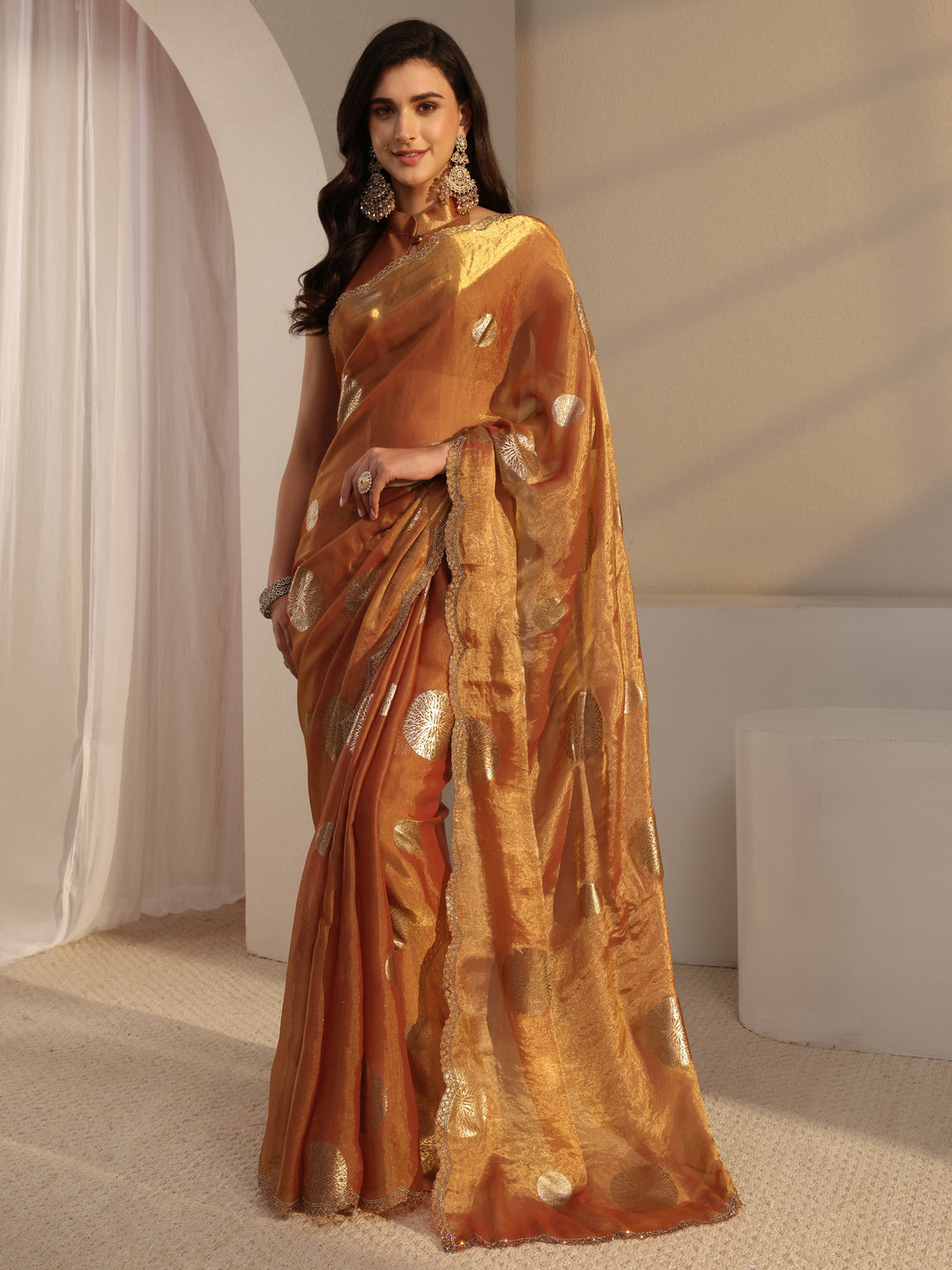  Libas Peach Foil Printed Tissue Saree With Unstitched Blouse Piece 