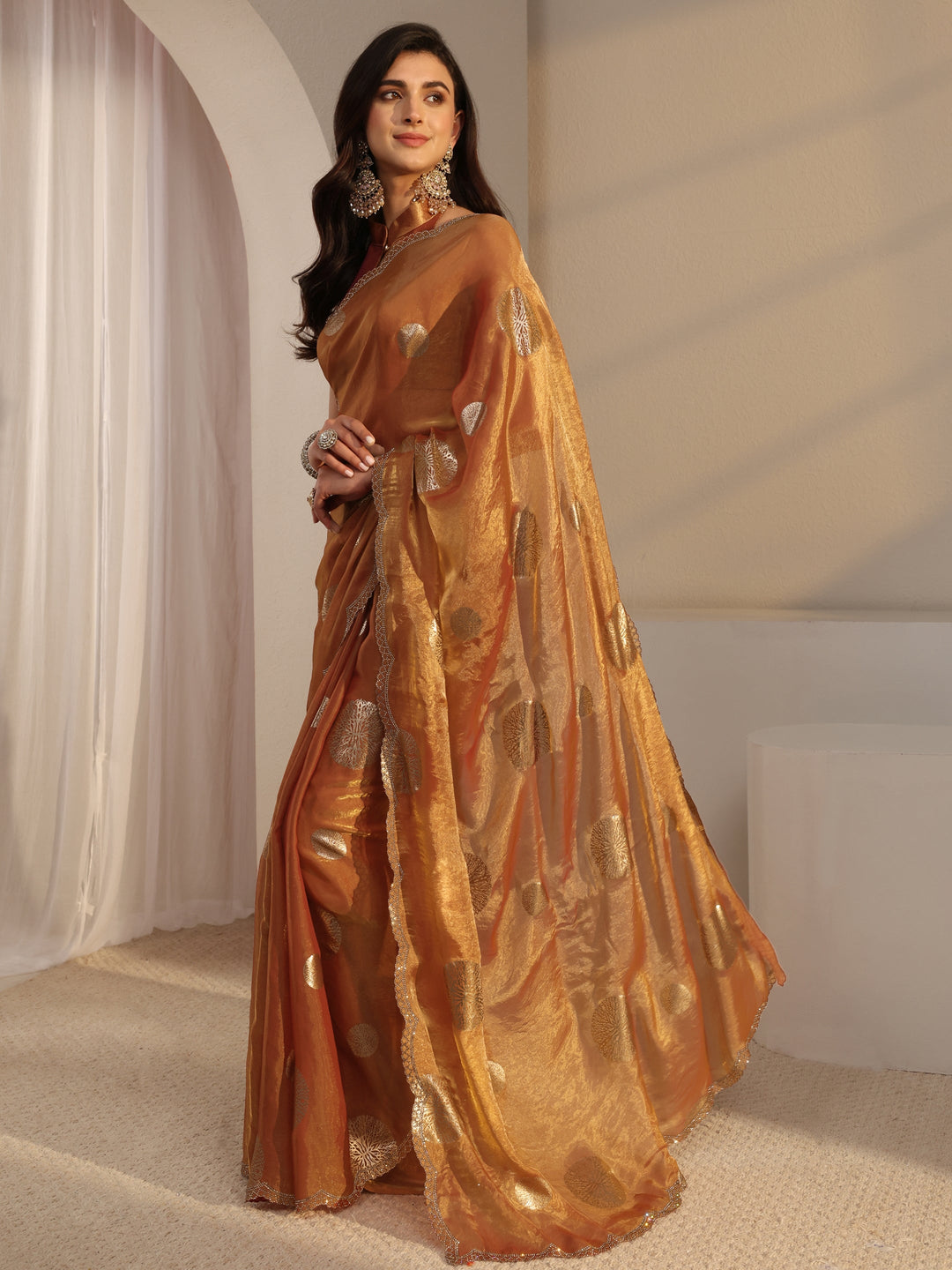  Libas Peach Foil Printed Tissue Saree With Unstitched Blouse Piece 