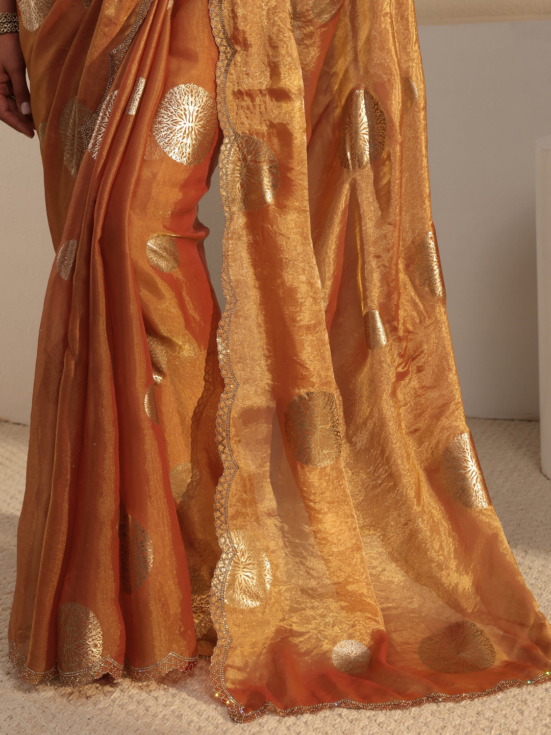  Peach Foil Printed Tissue Saree With Unstitched Blouse Piece 