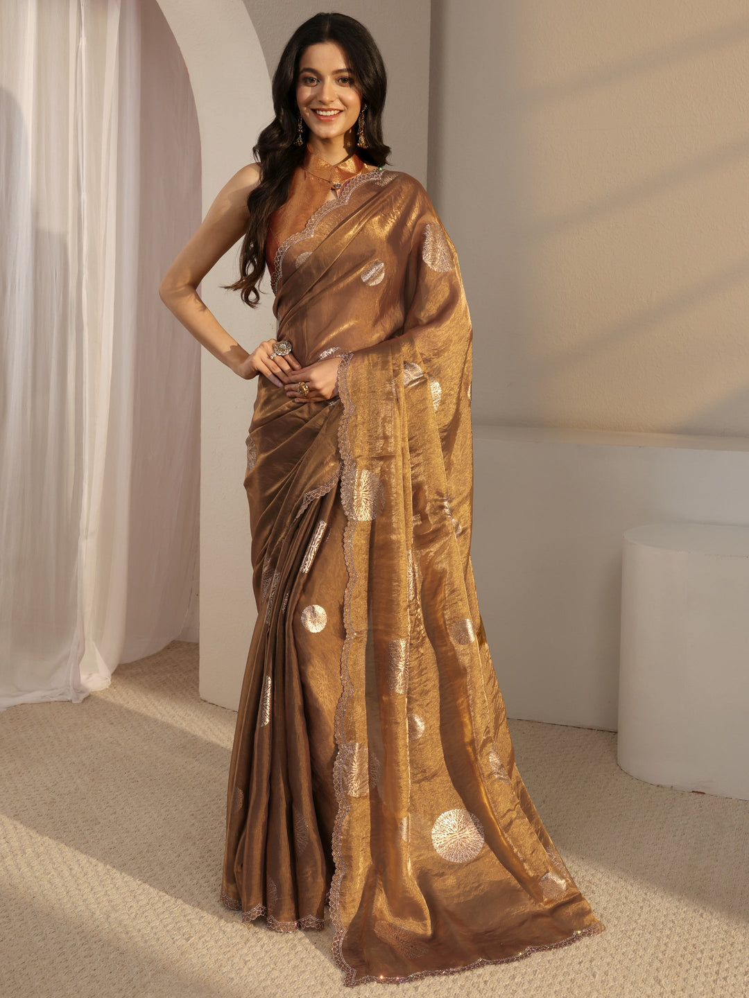  Libas Golden Foil Print Tissue Saree With Unstiched Blouse Piece 