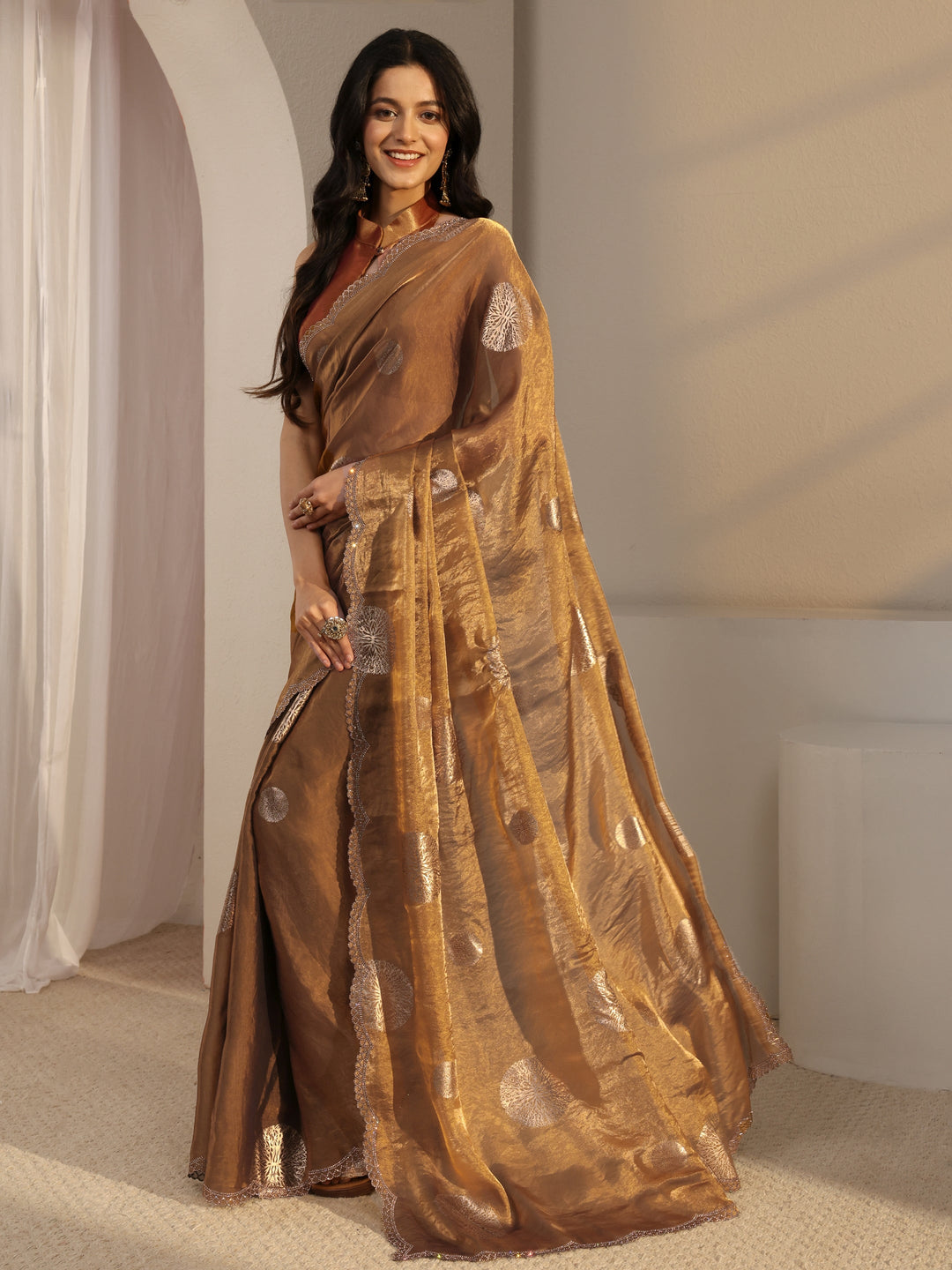  Libas Golden Foil Print Tissue Saree With Unstiched Blouse Piece 