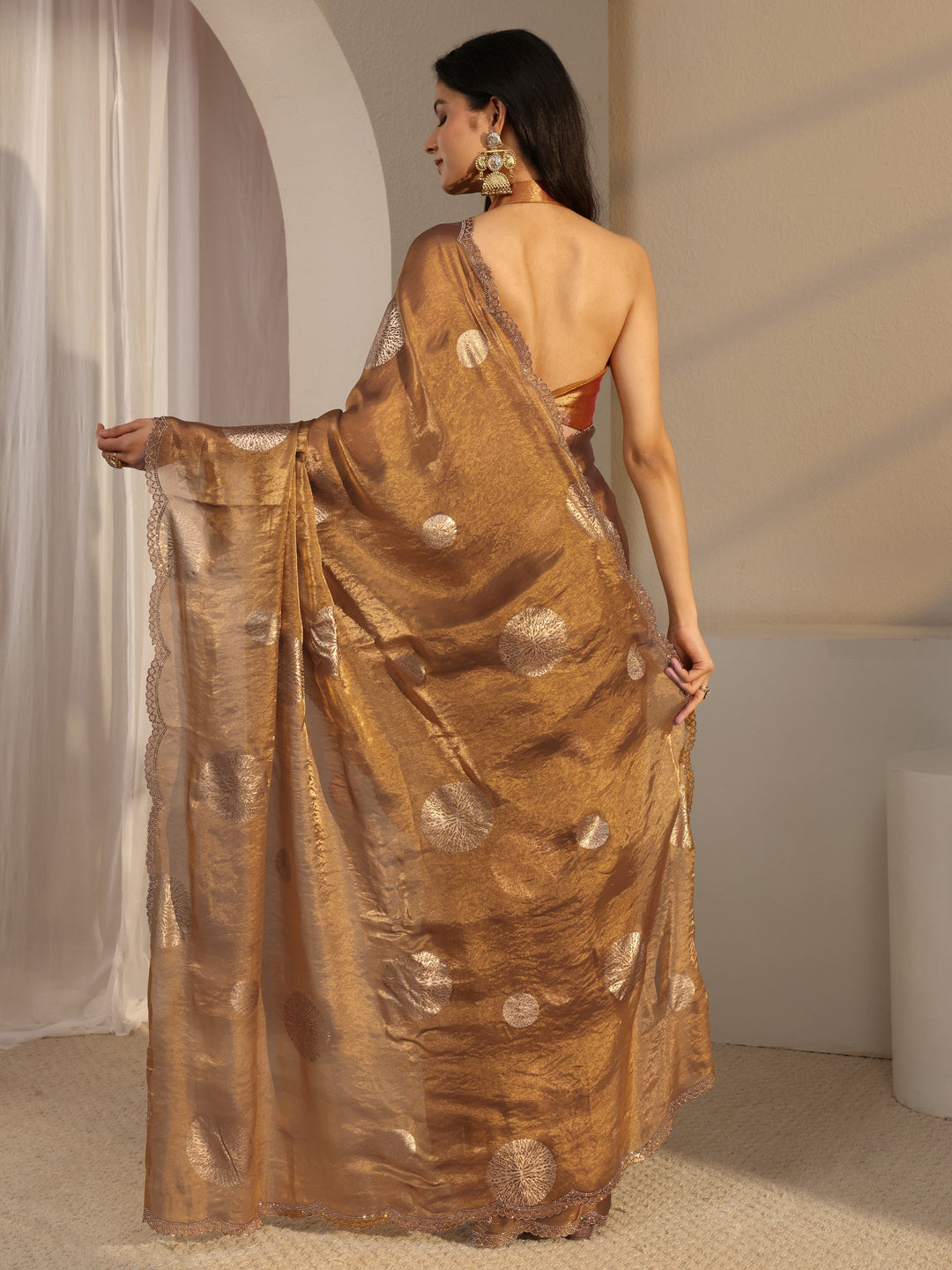  Libas Golden Foil Print Tissue Saree With Unstiched Blouse Piece 