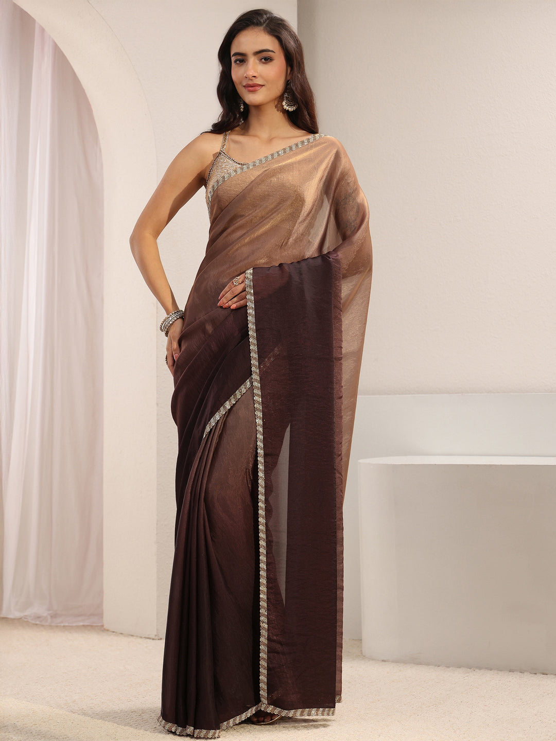  Brown Embellished Border Ombre Tissue Saree With Unstitched Blouse Piece 