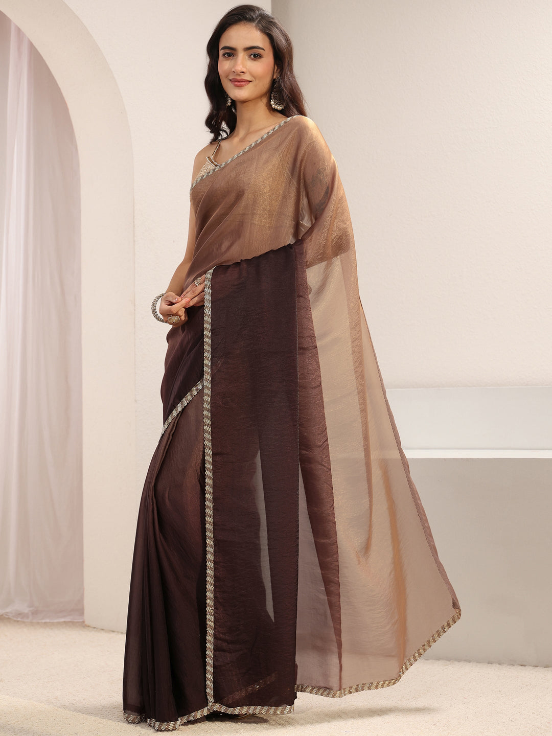  Brown Embellished Border Ombre Tissue Saree With Unstitched Blouse Piece 