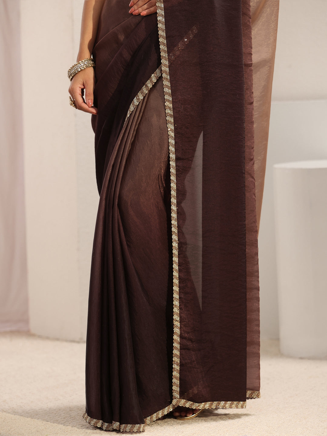 Brown Embellished Border Ombre Tissue Saree With Unstitched Blouse Piece 