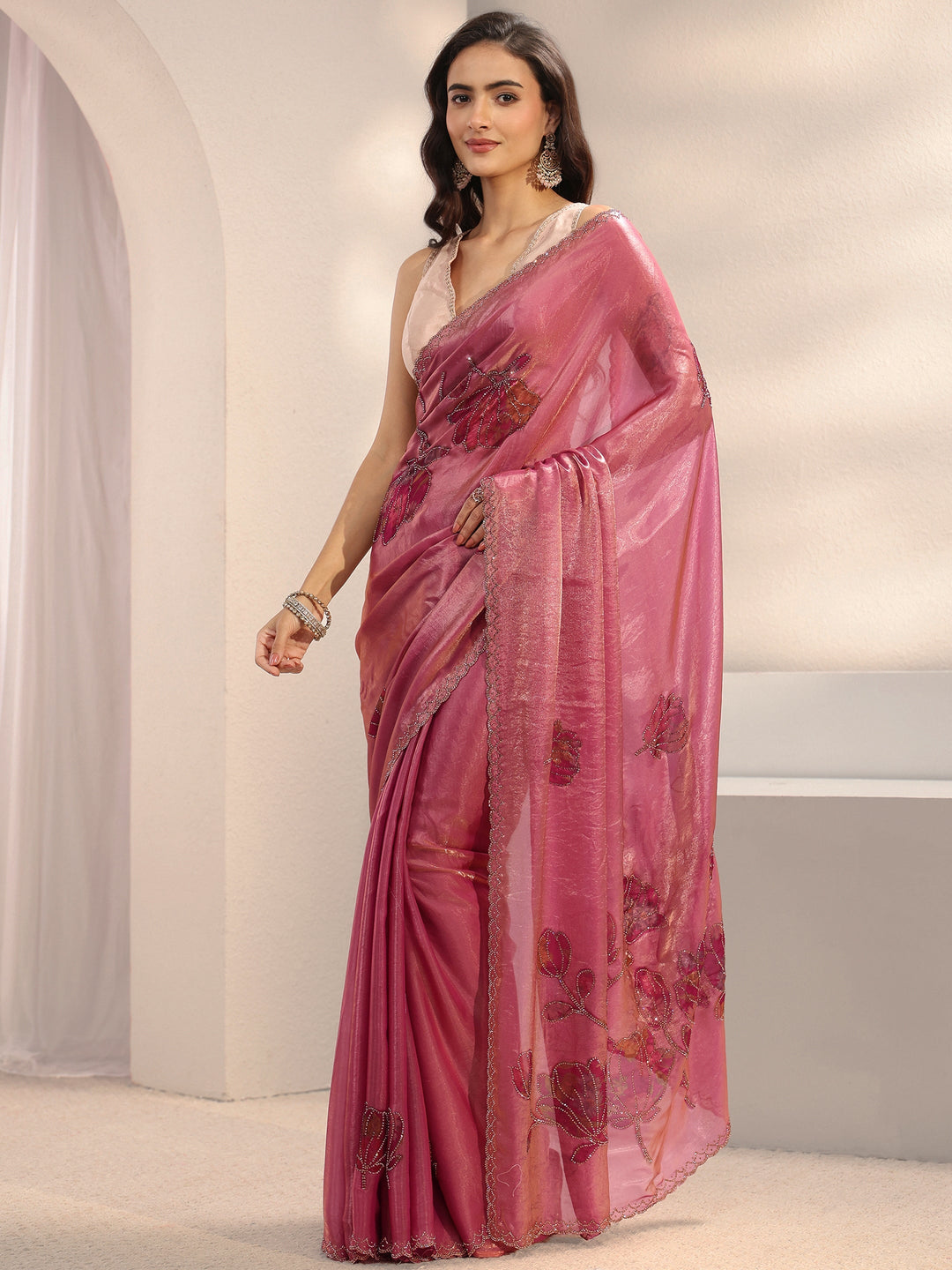  Libas Pink Floral Embellished Tissue Saree With Unstitched Blouse Piece 