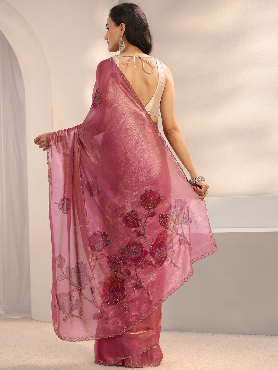  Libas Pink Floral Embellished Tissue Saree With Unstitched Blouse Piece 