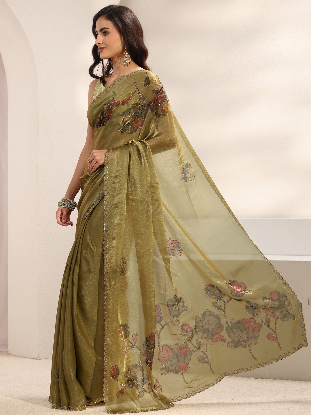 Libas Green Floral Embellished Tissue Saree With Unstitched Blouse Piece 