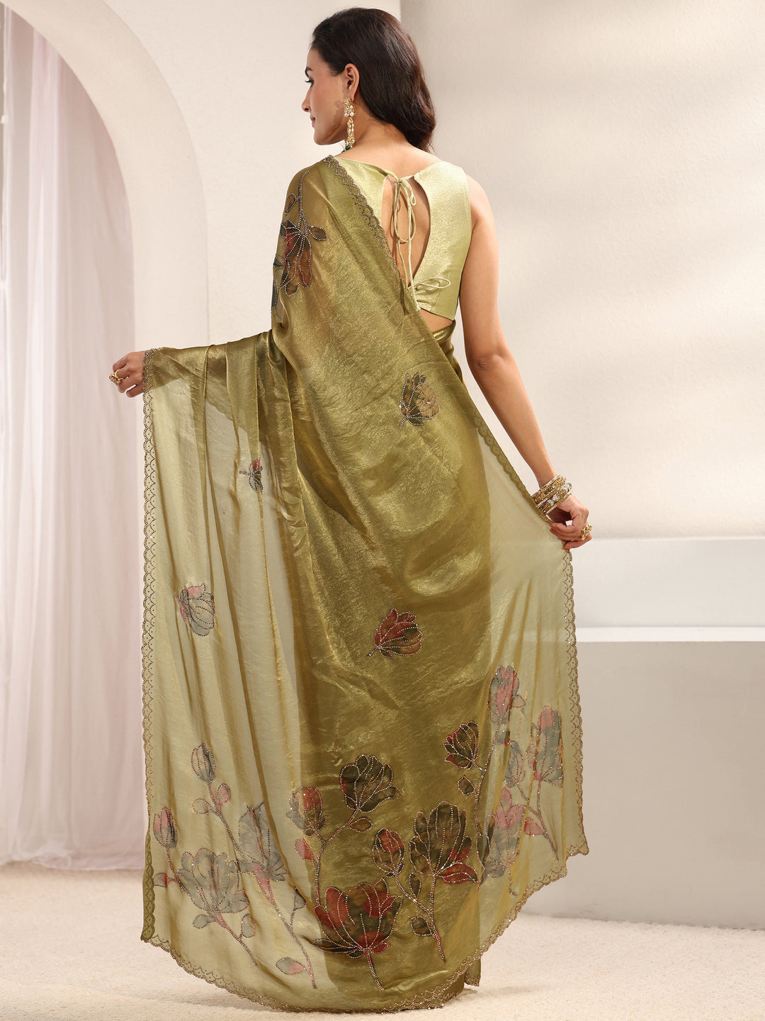  Libas Green Floral Embellished Tissue Saree With Unstitched Blouse Piece 
