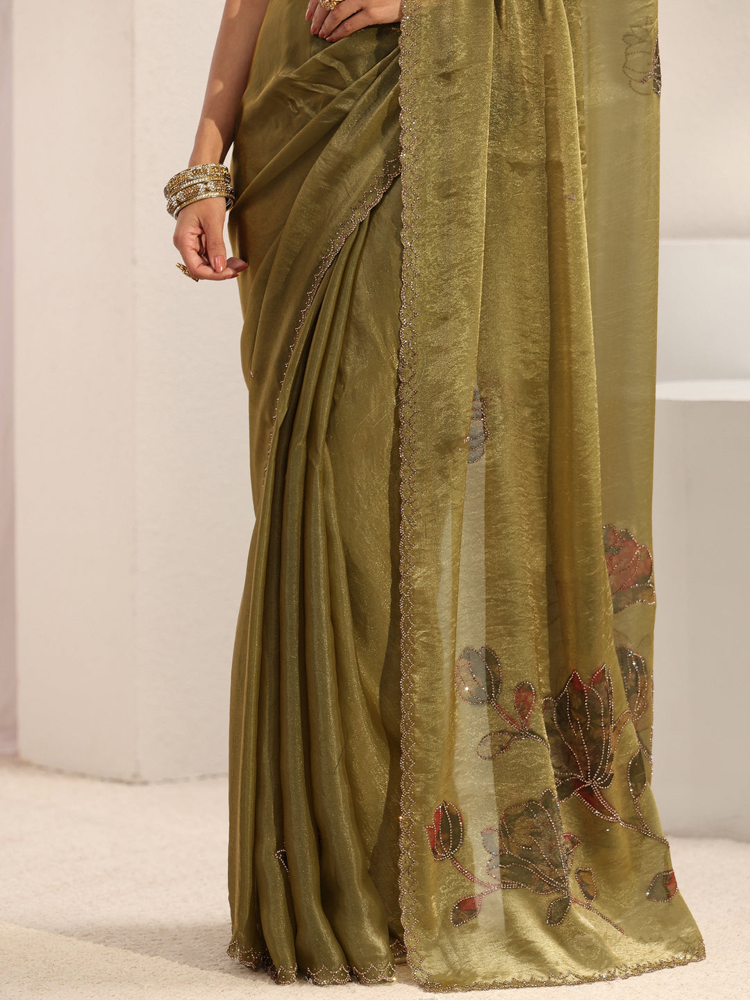  Libas Green Floral Embellished Tissue Saree With Unstitched Blouse Piece 