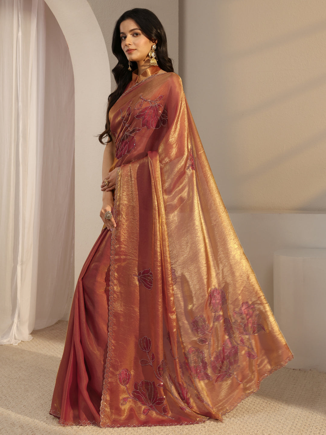  Libas Orange Embellished Tissue Saree With Unstiched Blouse Piece 
