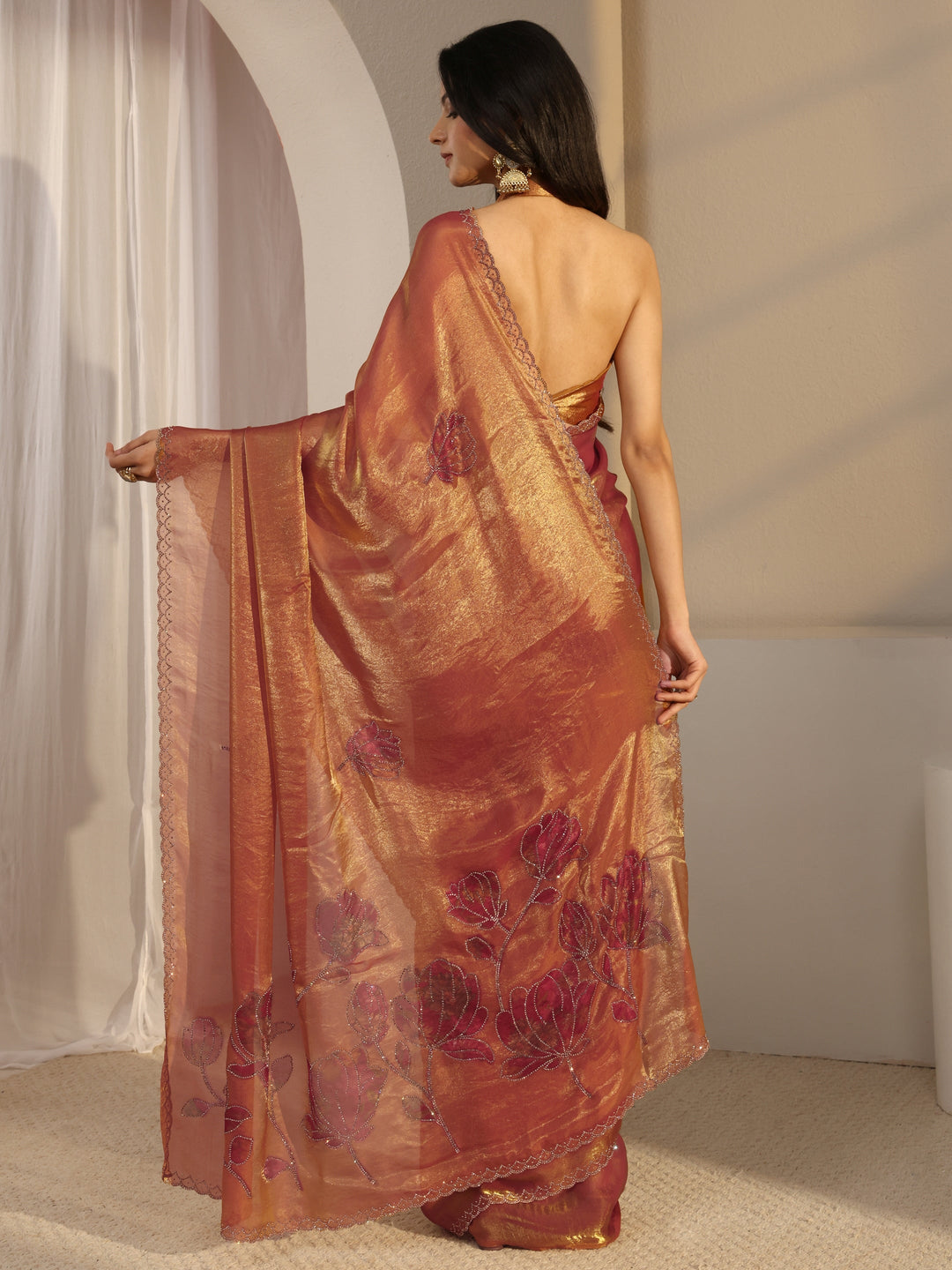  Libas Orange Embellished Tissue Saree With Unstiched Blouse Piece 