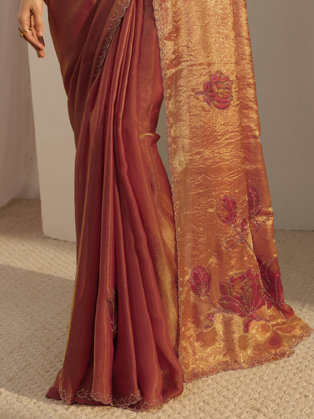 Libas Orange Embellished Tissue Saree With Unstiched Blouse Piece 
