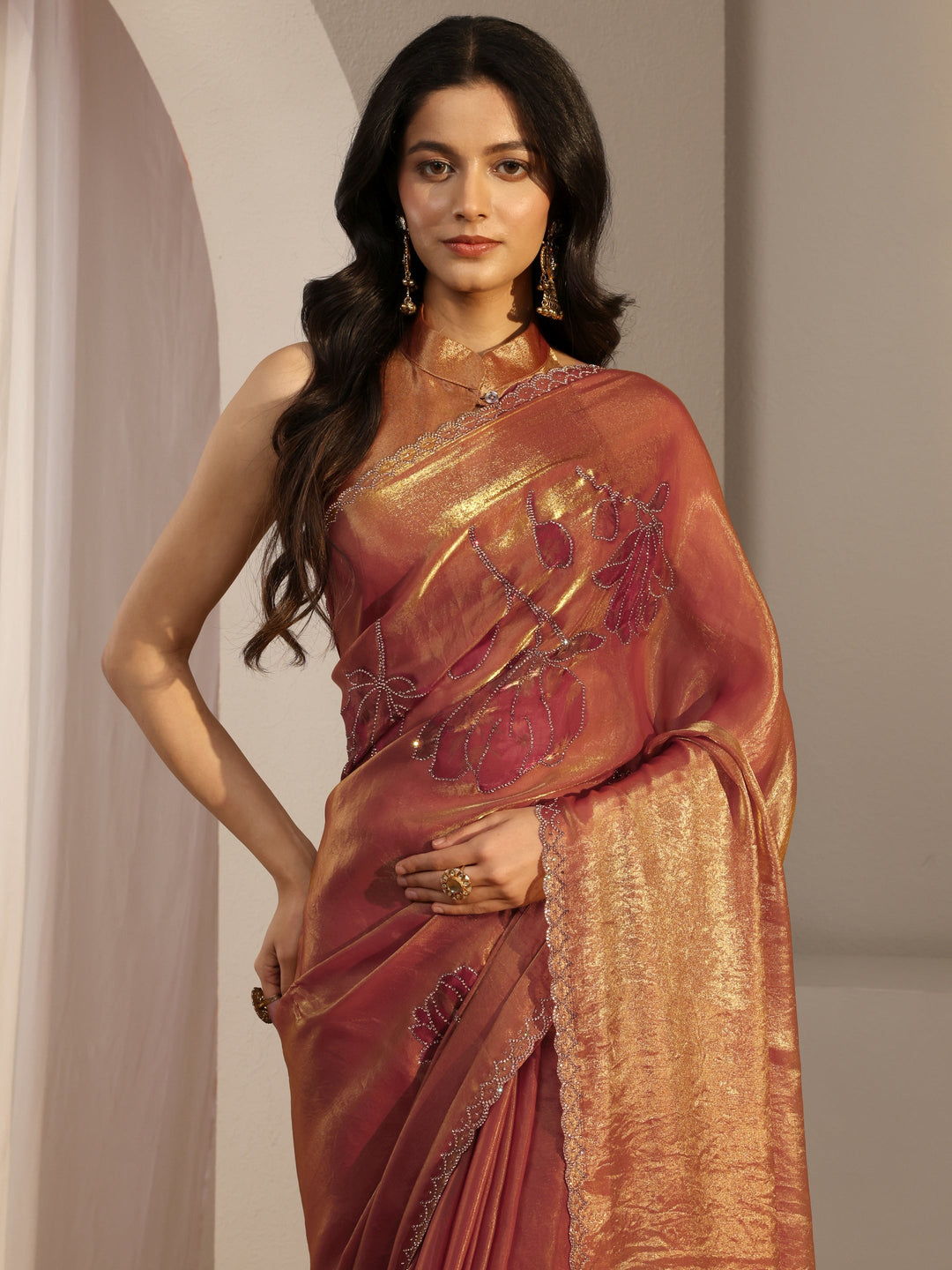  Libas Orange Embellished Tissue Saree With Unstiched Blouse Piece 