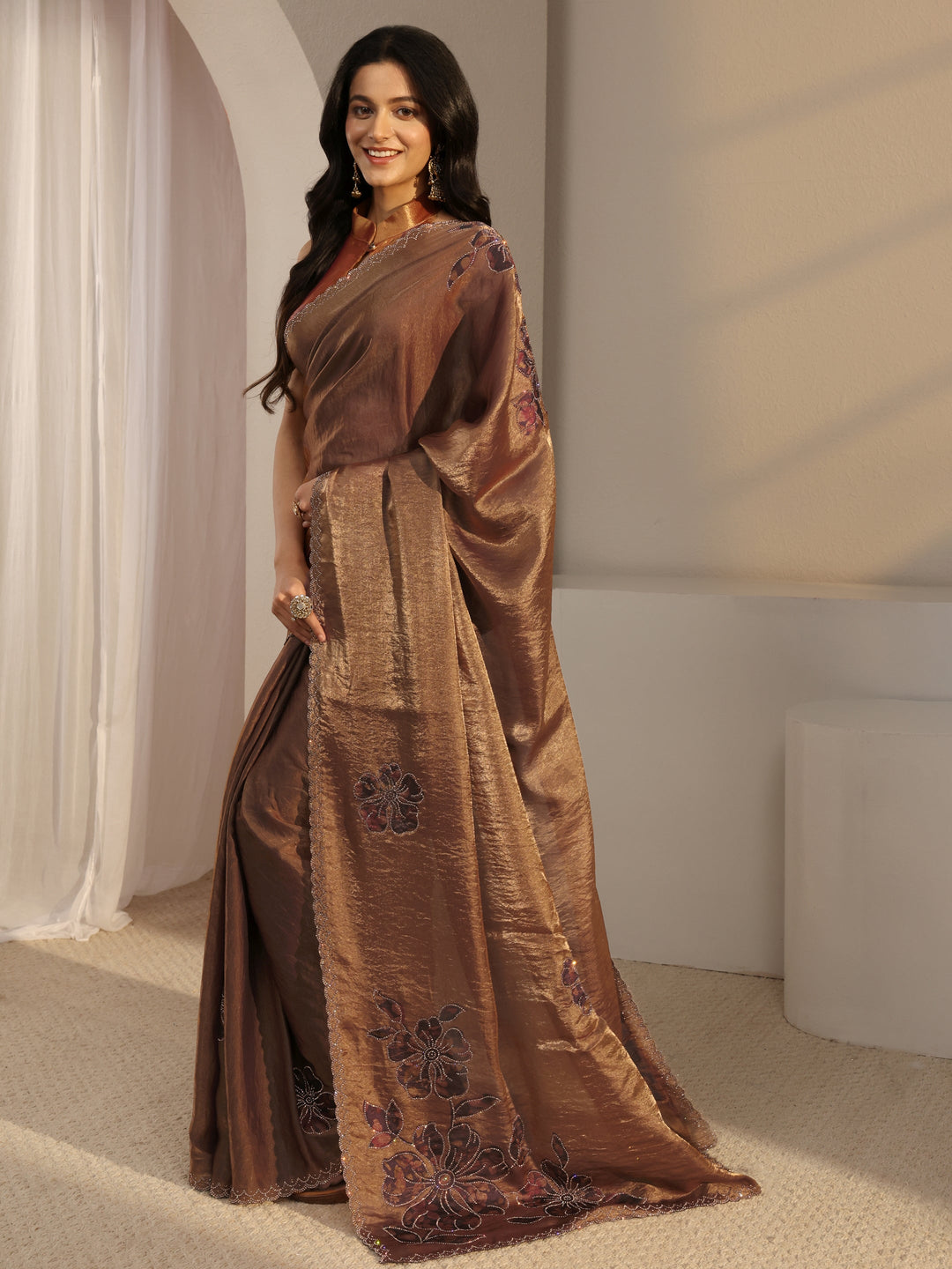  Libas Golden Embellished Tissue Saree With Unstiched Blouse Piece 