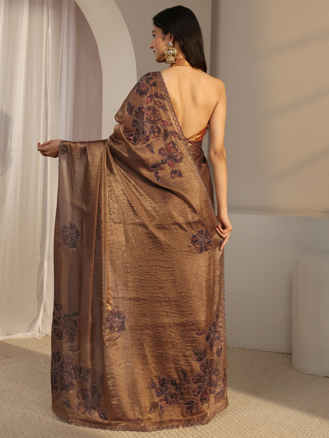  Libas Golden Embellished Tissue Saree With Unstiched Blouse Piece 