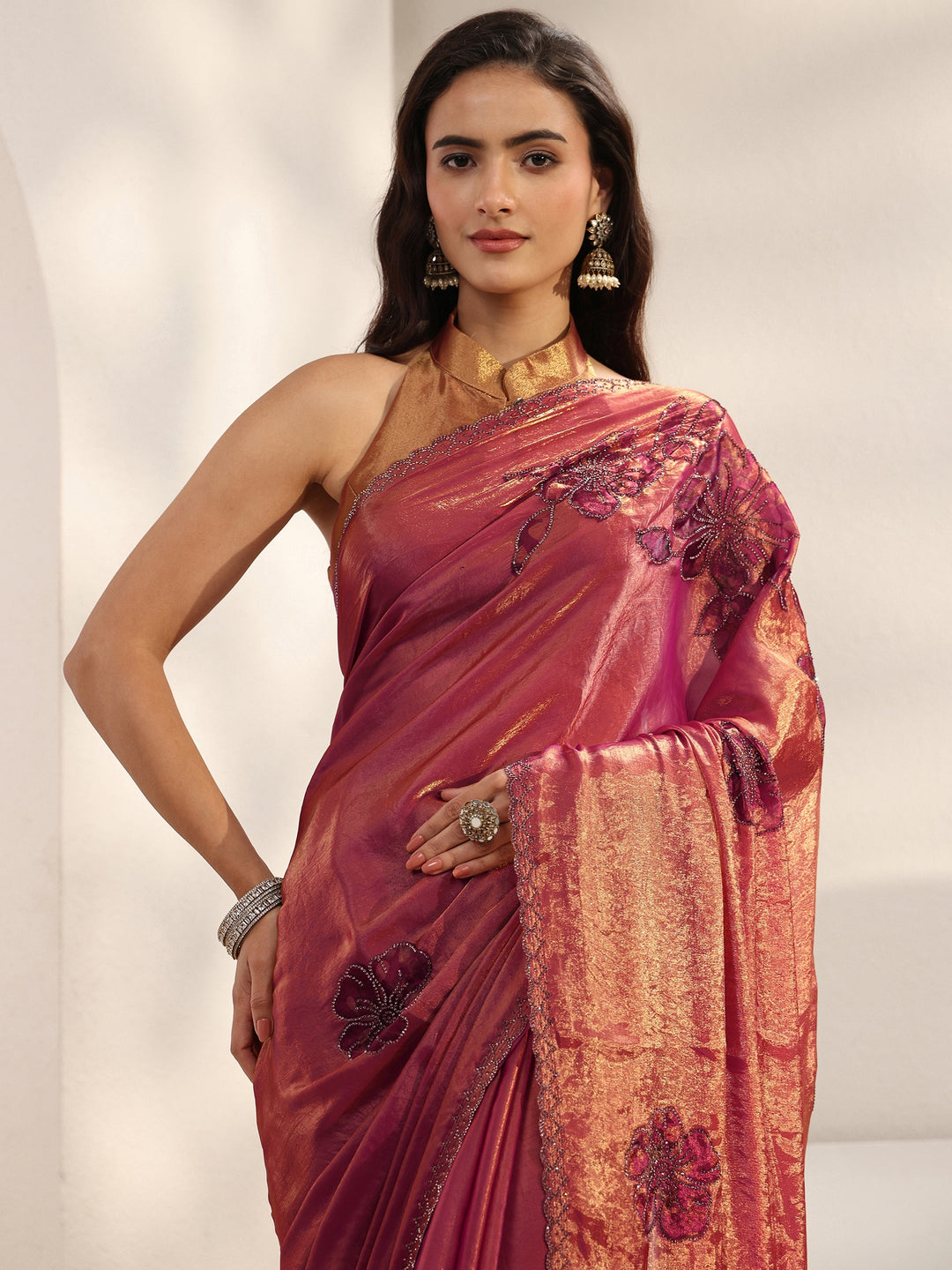  Pink Floral Embellished Tissue Saree With Unstitched Blouse Piece 