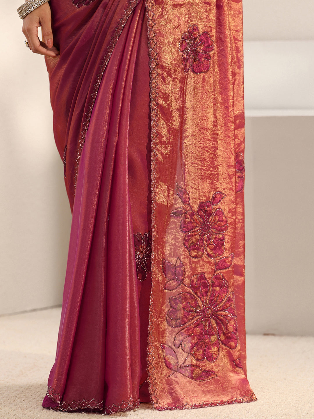  Pink Floral Embellished Tissue Saree With Unstitched Blouse Piece 