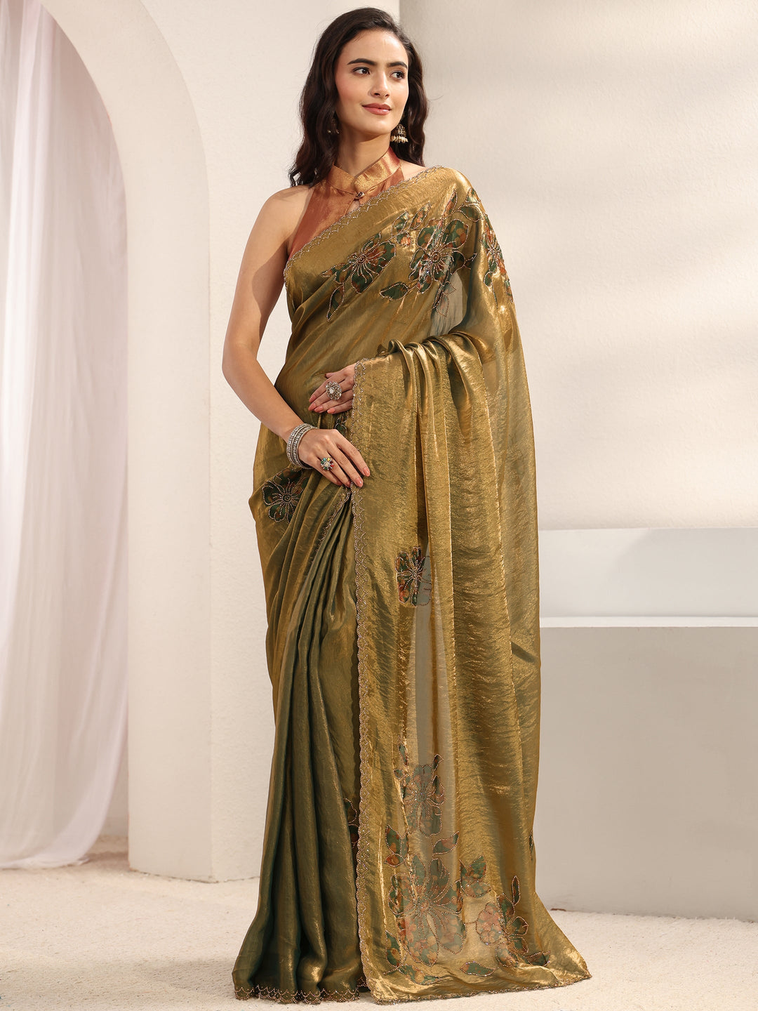  Libas Green Floral Embellished Tissue Saree With Unstitched Blouse Piece 