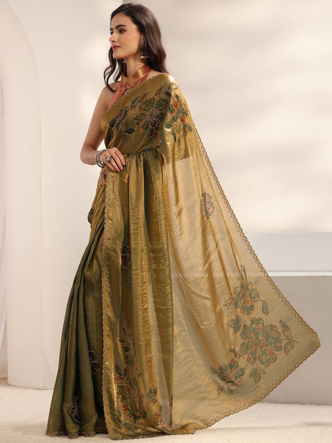  Libas Green Floral Embellished Tissue Saree With Unstitched Blouse Piece 
