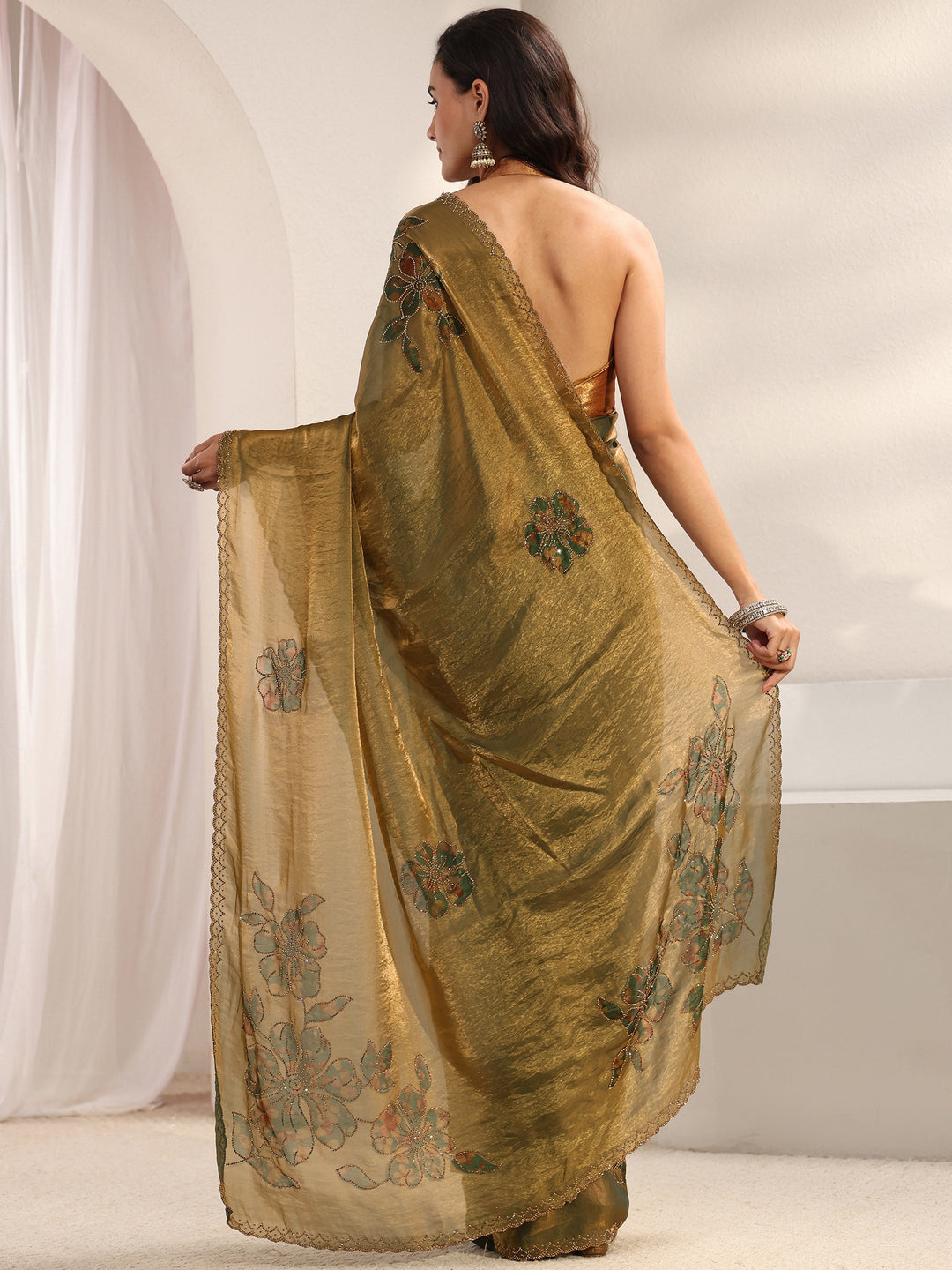  Libas Green Floral Embellished Tissue Saree With Unstitched Blouse Piece 