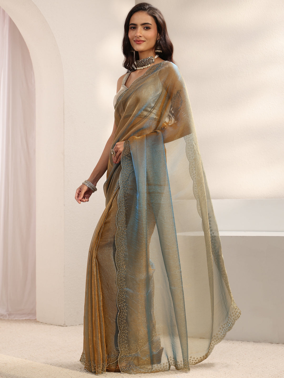  Libas Blue Embellished Border Tissue Saree With Unstitched Blouse Piece 