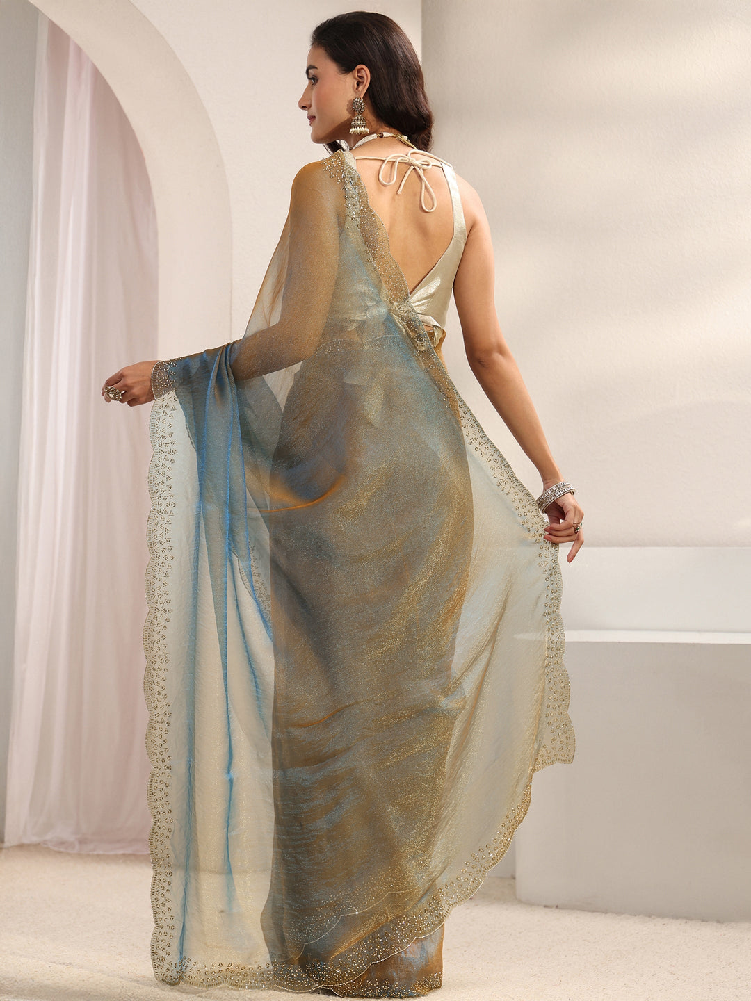  Libas Blue Embellished Border Tissue Saree With Unstitched Blouse Piece 