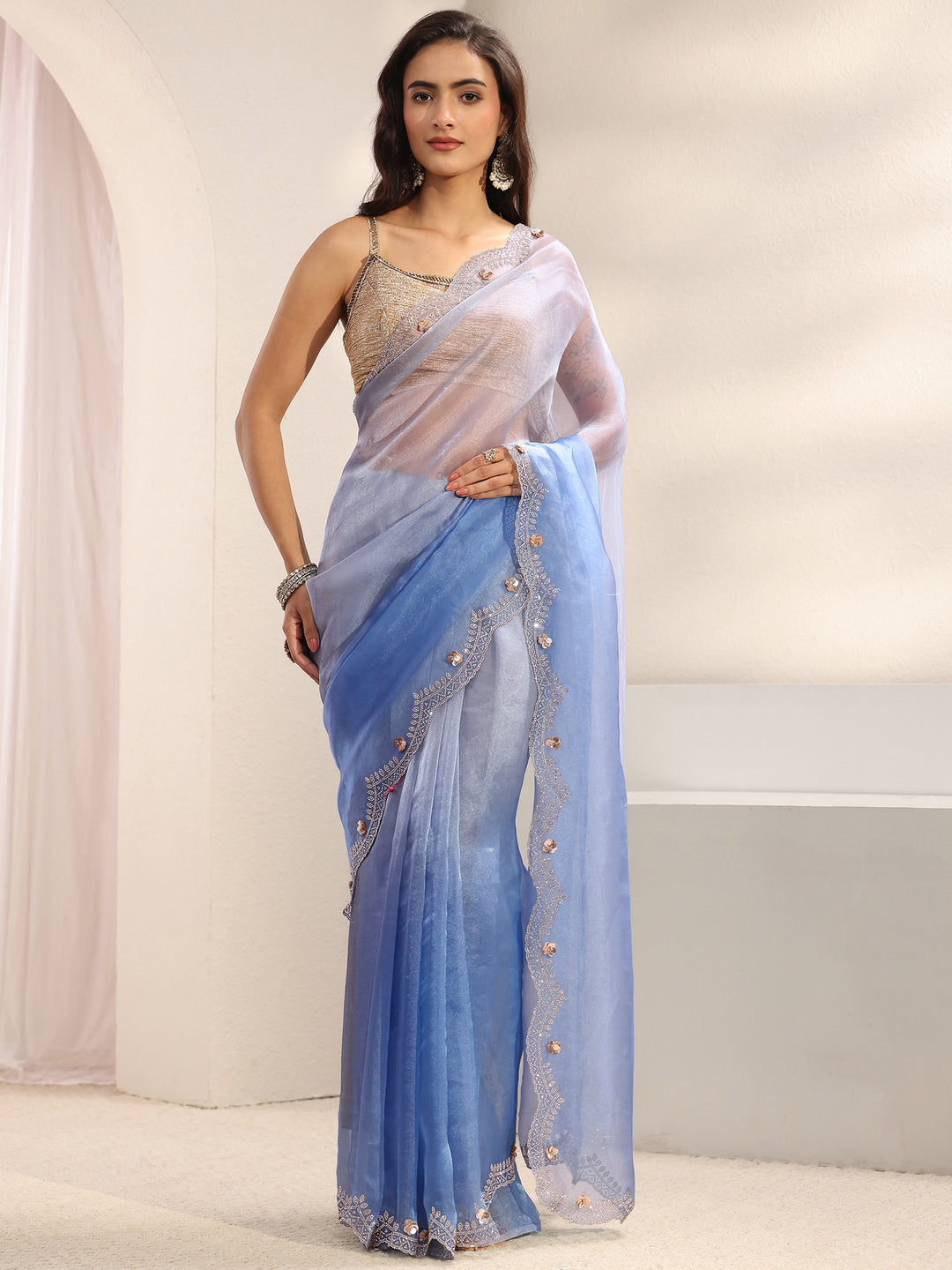  Blue Solid Tissue Saree With Unstitched Blouse Piece 