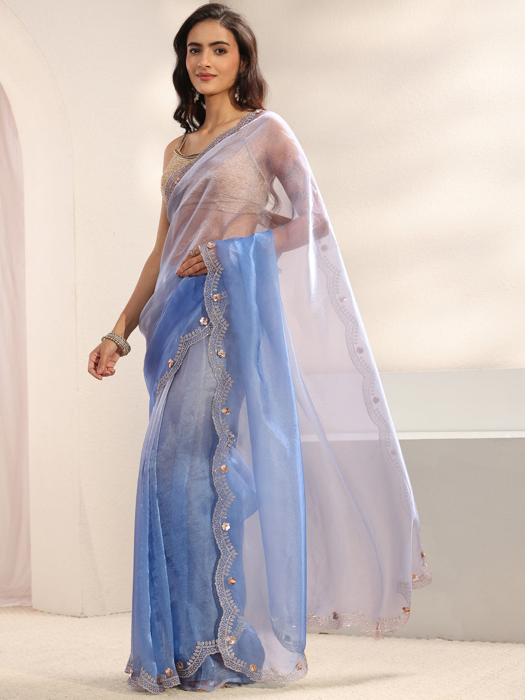  Blue Solid Tissue Saree With Unstitched Blouse Piece 