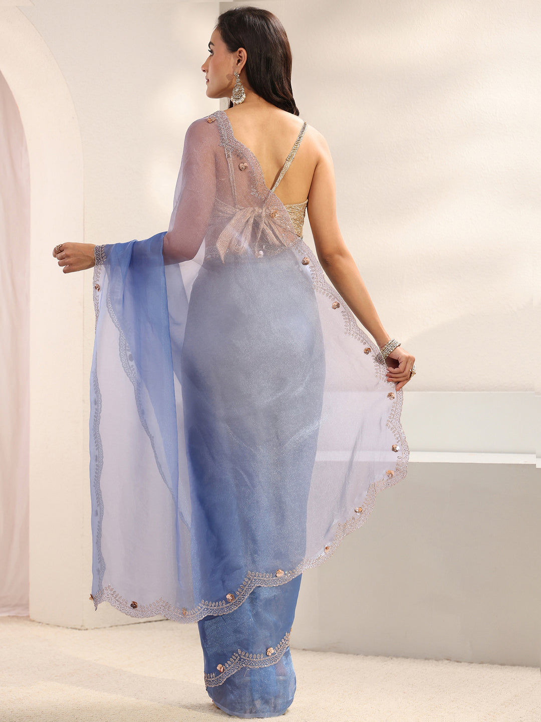  Blue Solid Tissue Saree With Unstitched Blouse Piece 