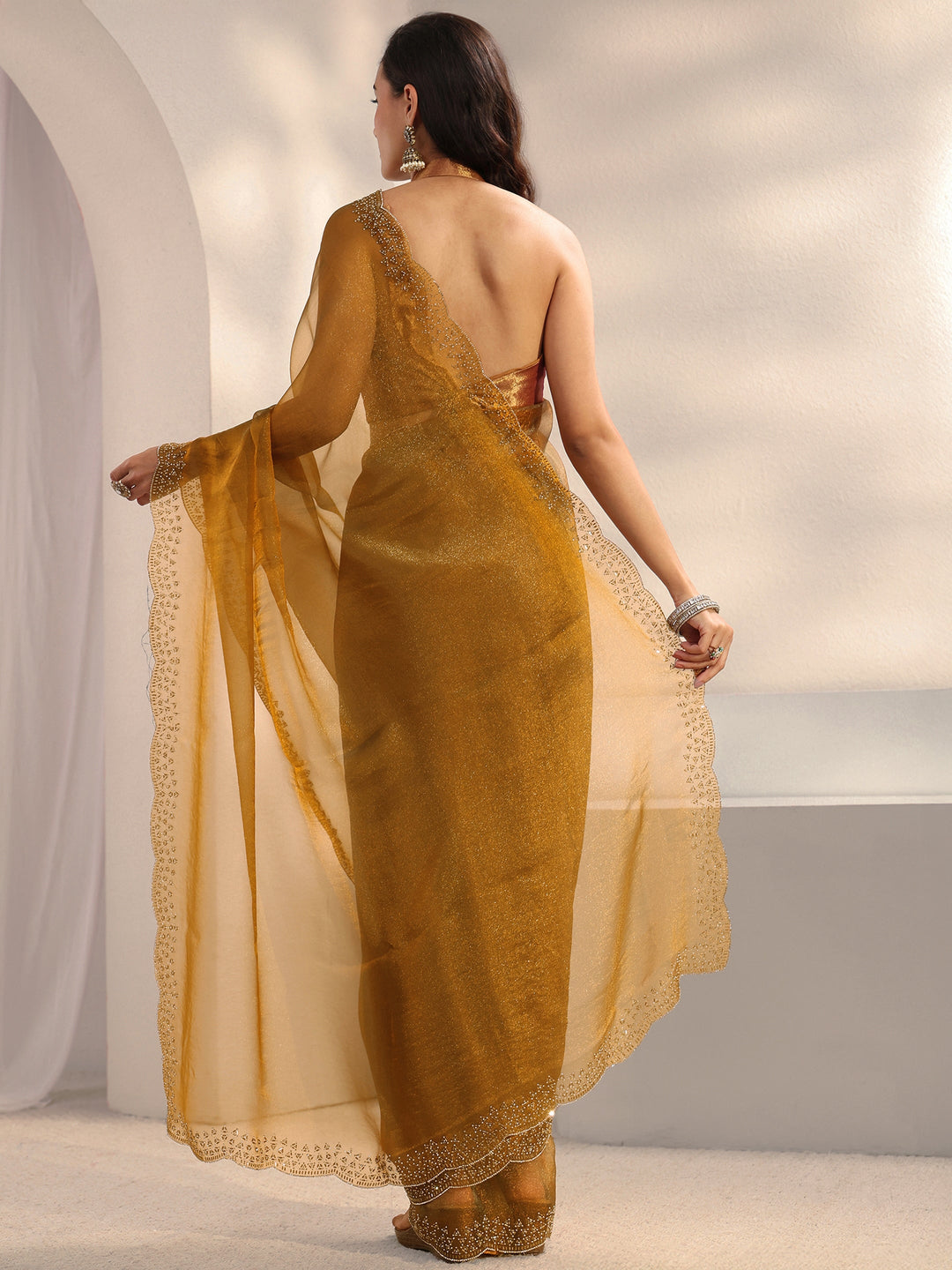  Gold Embellished Border Tissue Saree With Unstitched Blouse Piece 