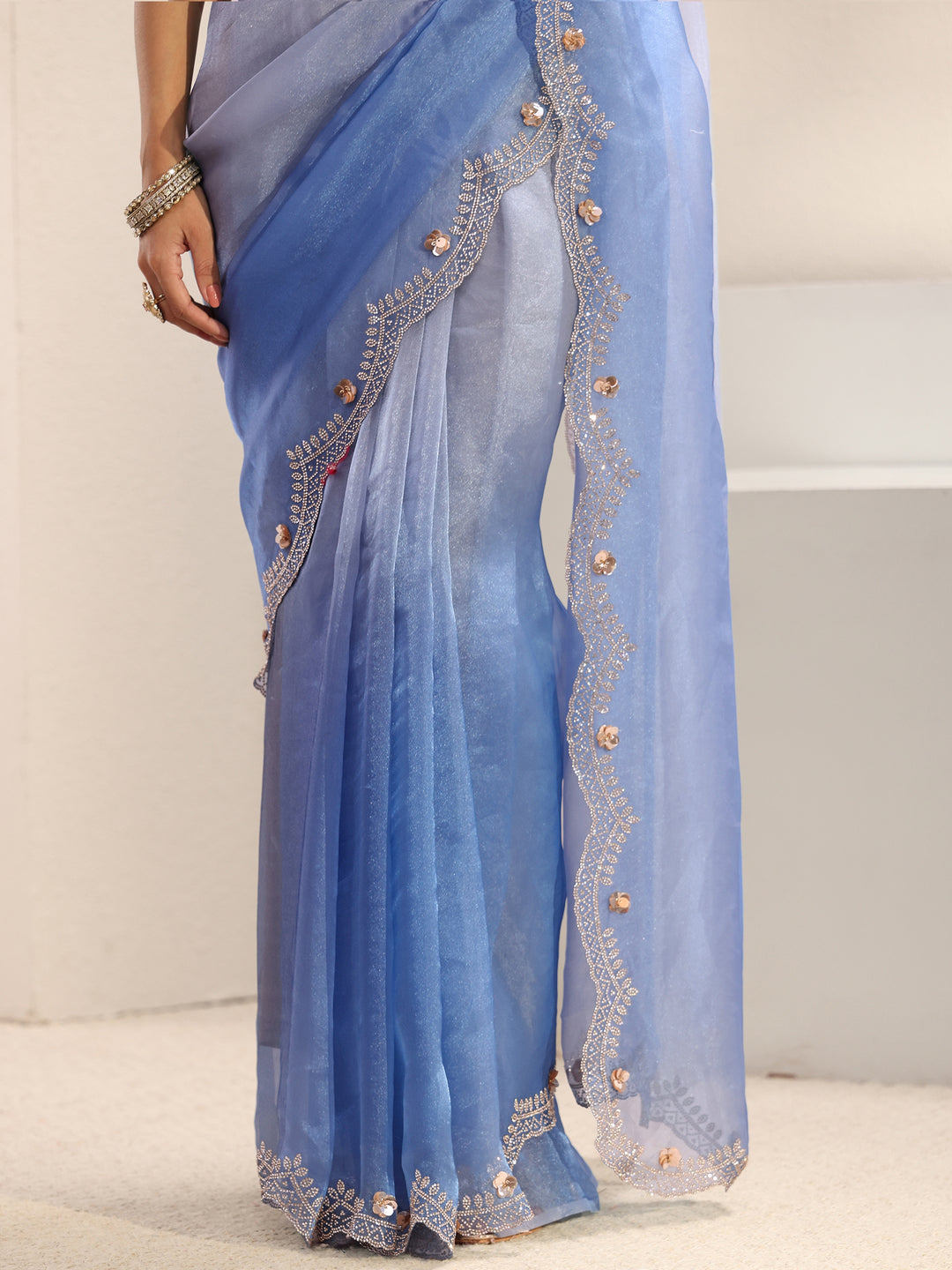  Blue Solid Tissue Saree With Unstitched Blouse Piece 
