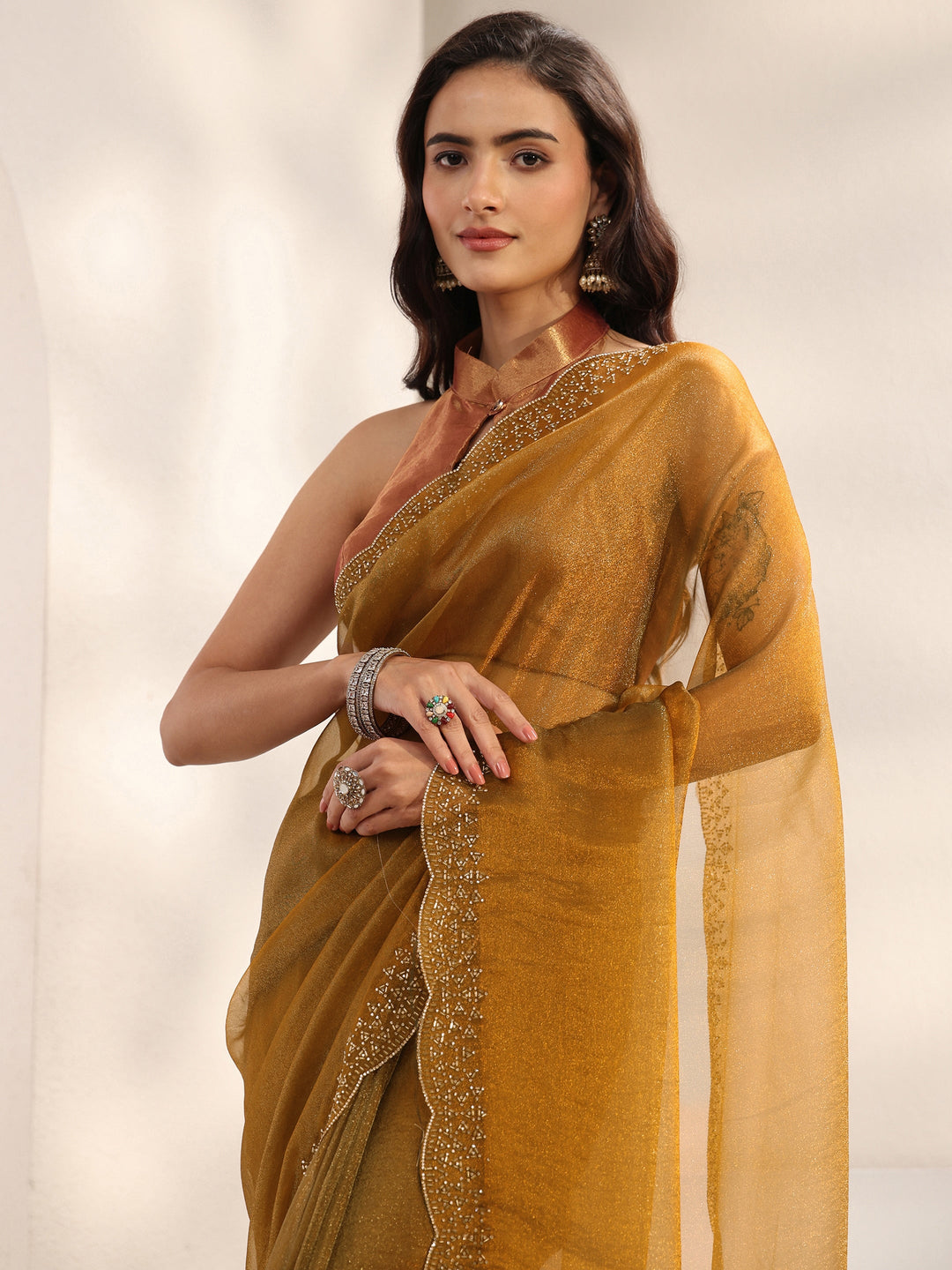  Gold Embellished Border Tissue Saree With Unstitched Blouse Piece 