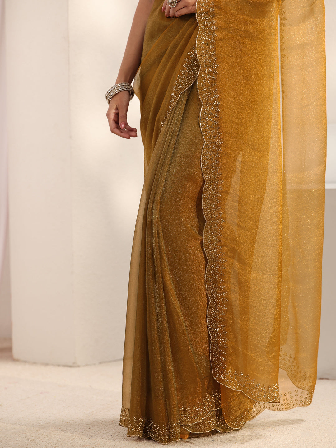  Gold Embellished Border Tissue Saree With Unstitched Blouse Piece 
