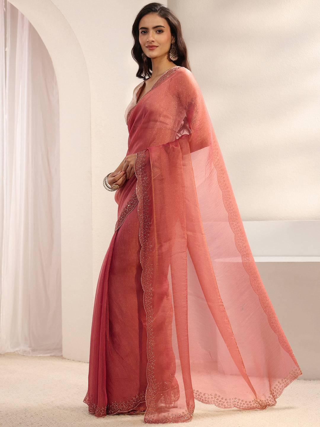  Pink Embellished Border Tissue Saree With Unstitched Blouse Piece 
