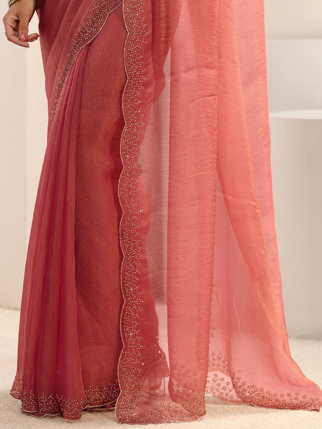  Pink Embellished Border Tissue Saree With Unstitched Blouse Piece 