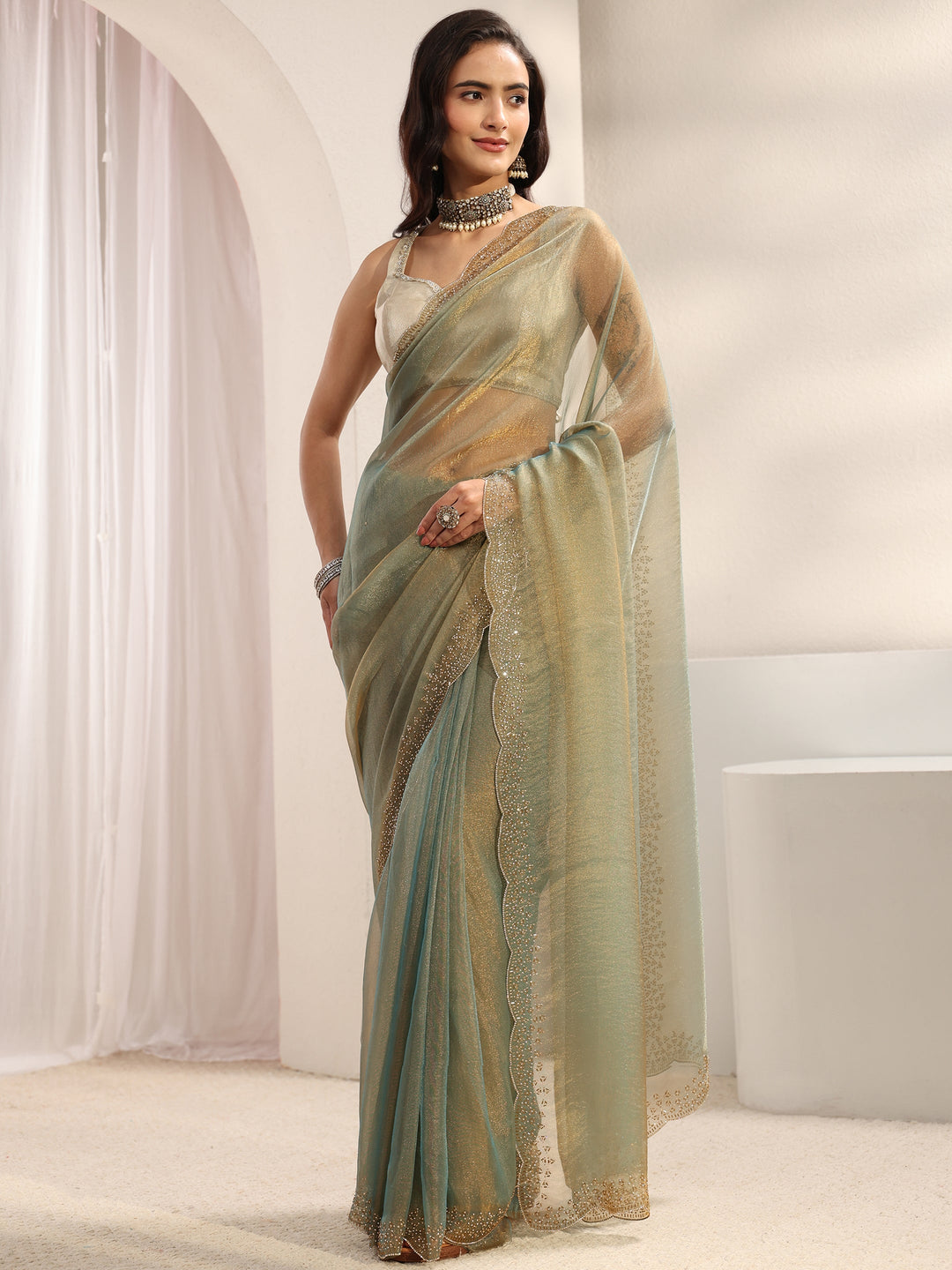  Libas Green Embellished Border Tissue Saree With Unstitched Blouse Piece 